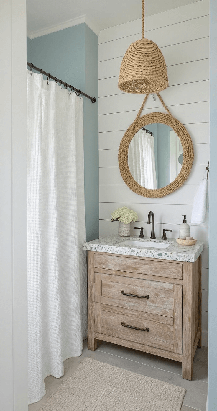 Coastal-inspired bathroom featuring shiplap walls, blue-gray paint, weathered wood vanity with shell-flecked terrazzo, rope-wrapped mirror, seagrass pendant light, white waffle weave shower curtain, and Turkish towels, illuminated by bright natural light.