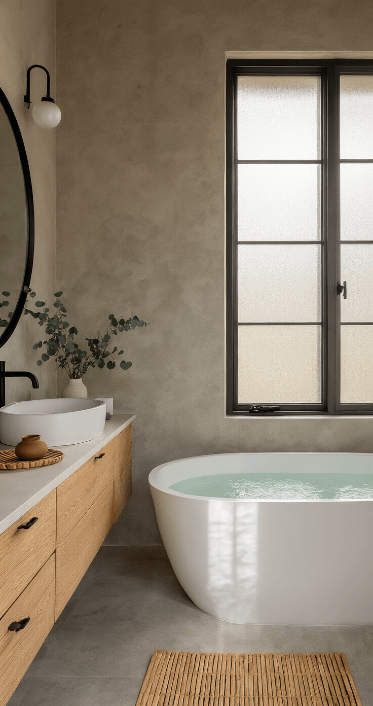 A serene Japandi-inspired master bathroom featuring a freestanding oval soaking tub against a textured clay wall, illuminated by golden hour sunlight streaming through a frosted window. The natural oak floating vanity with black hardware and a round black-framed mirror complements the minimal styling, which includes a wooden bath caddy, eucalyptus bundle, and handmade ceramic vessels, all set on large-format concrete-look tiles.