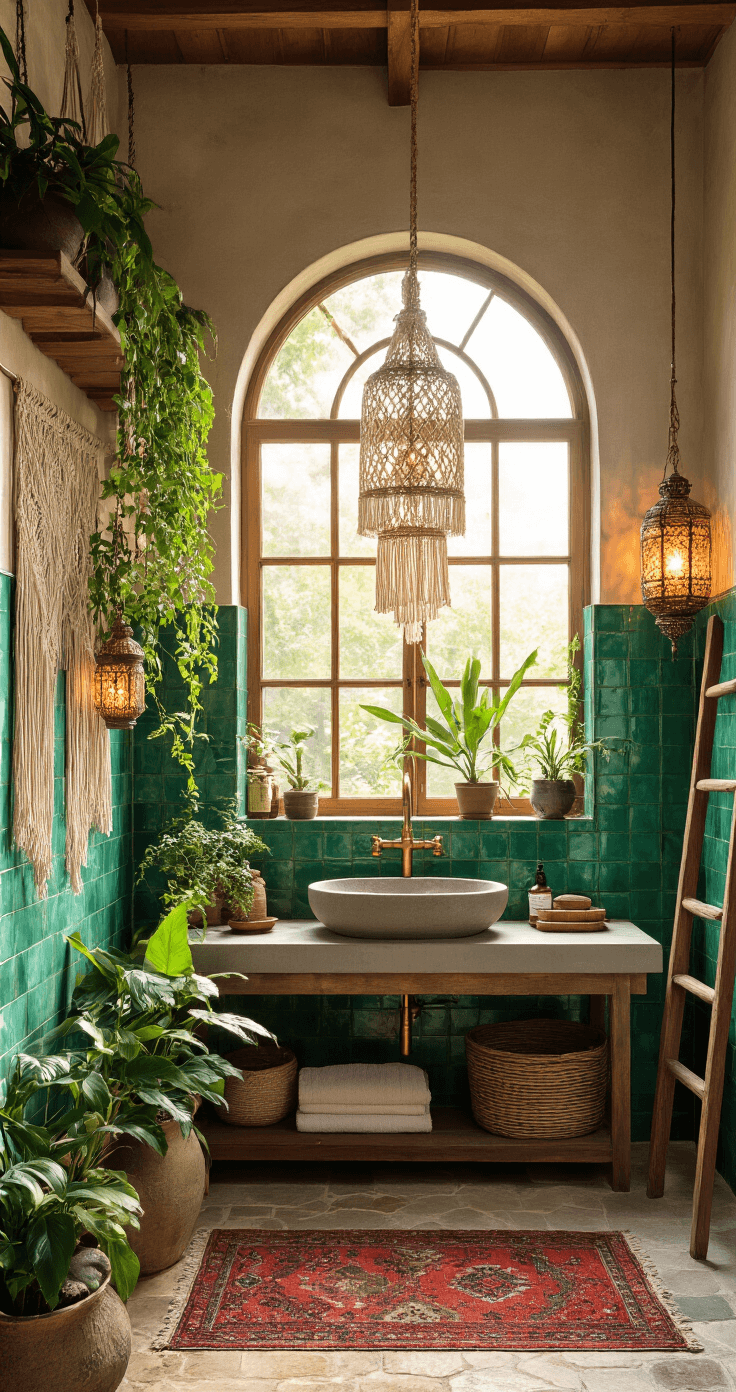 A cozy bohemian zen bathroom featuring emerald green ceramic tiles, a concrete vessel sink with a vintage brass faucet, and abundant trailing plants. The space is illuminated by warm ambient lighting from Moroccan lanterns and natural light from a dramatic arch window, showcasing a mix of vintage rugs and macramé wall hangings.