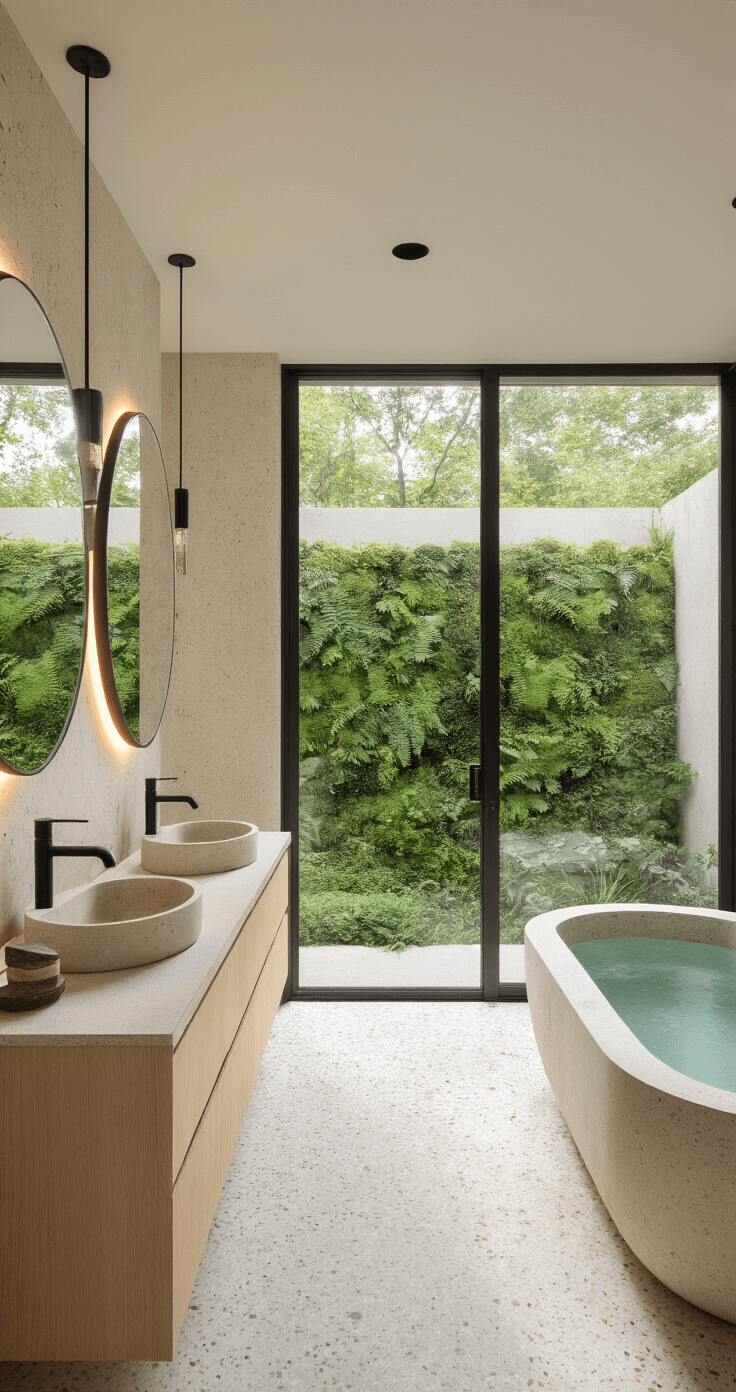 Modern organic bathroom with floor-to-ceiling windows overlooking a zen garden, featuring a floating double vanity in bleached oak, oversized circular backlit mirrors, a living wall of ferns, and terrazzo flooring with brass inlay, all bathed in soft morning light.