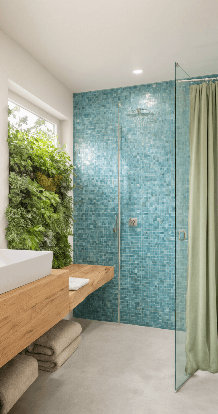 A wide shot of a sustainable modern bathroom illuminated by morning light, featuring a recycled glass mosaic wall in ocean blues, a floating living edge wood slab vanity over micro cement flooring, a rainfall shower with a green glass enclosure, a vertical garden wall with air-purifying plants, a hemp shower curtain, and organic cotton towels in earth tones, all set in a harmonious and eco-friendly design with balanced natural and LED lighting.