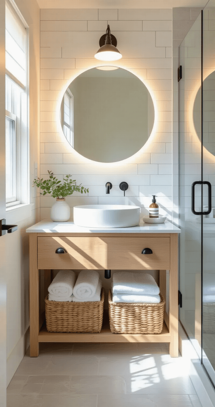 A serene, bright small bathroom featuring white subway tiles, a floating blonde wood vanity with a vessel sink and matte black fixtures, a backlit mirror, and touches of warmth from woven seagrass baskets and rolled white towels, illuminated by morning sunlight through a frosted window.