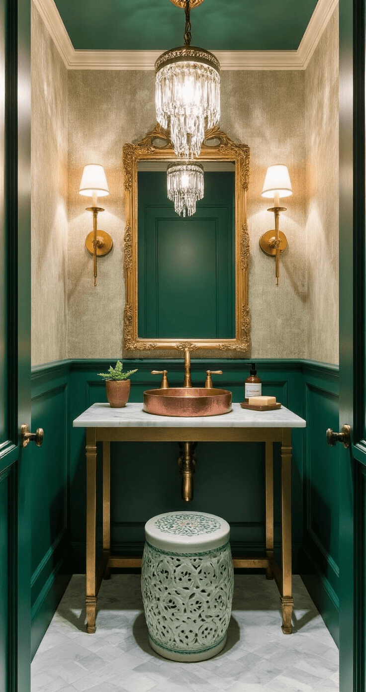 A luxurious intimate powder room with deep emerald green walls, brass sconces, an ornate gold-framed mirror, and a petite marble-topped vanity with a hammered copper sink. The vintage crystal pendant light casts dramatic shadows, while textured wallpaper above white wainscoting adds depth. A small ceramic stool holds artisanal soaps in earthy tones, captured from a corner angle during golden hour to enhance the room’s moody sophistication.