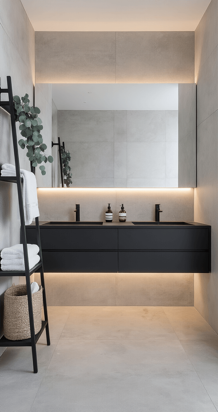 A modern minimalist bathroom featuring floor-to-ceiling concrete-look porcelain tiles in warm gray, a matte black floating double vanity with integrated LED lighting, and an oversized rectangular mirror with built-in task lighting, framed by a black metal ladder shelf displaying white towels and eucalyptus branches, all captured from the doorway to highlight clean lines and a contemporary, calm mood.