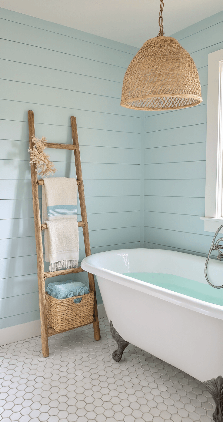 A cozy coastal-inspired bathroom featuring pale blue shiplap walls and white hexagon floor tiles, with a soft white clawfoot tub under a rattan pendant lamp. A weathered oak ladder holds sandy beige and ocean blue Turkish towels, while shell-shaped soap dishes and coral decor enhance the beachy vibe. The scene is bathed in warm afternoon light, creating a relaxed ambiance.