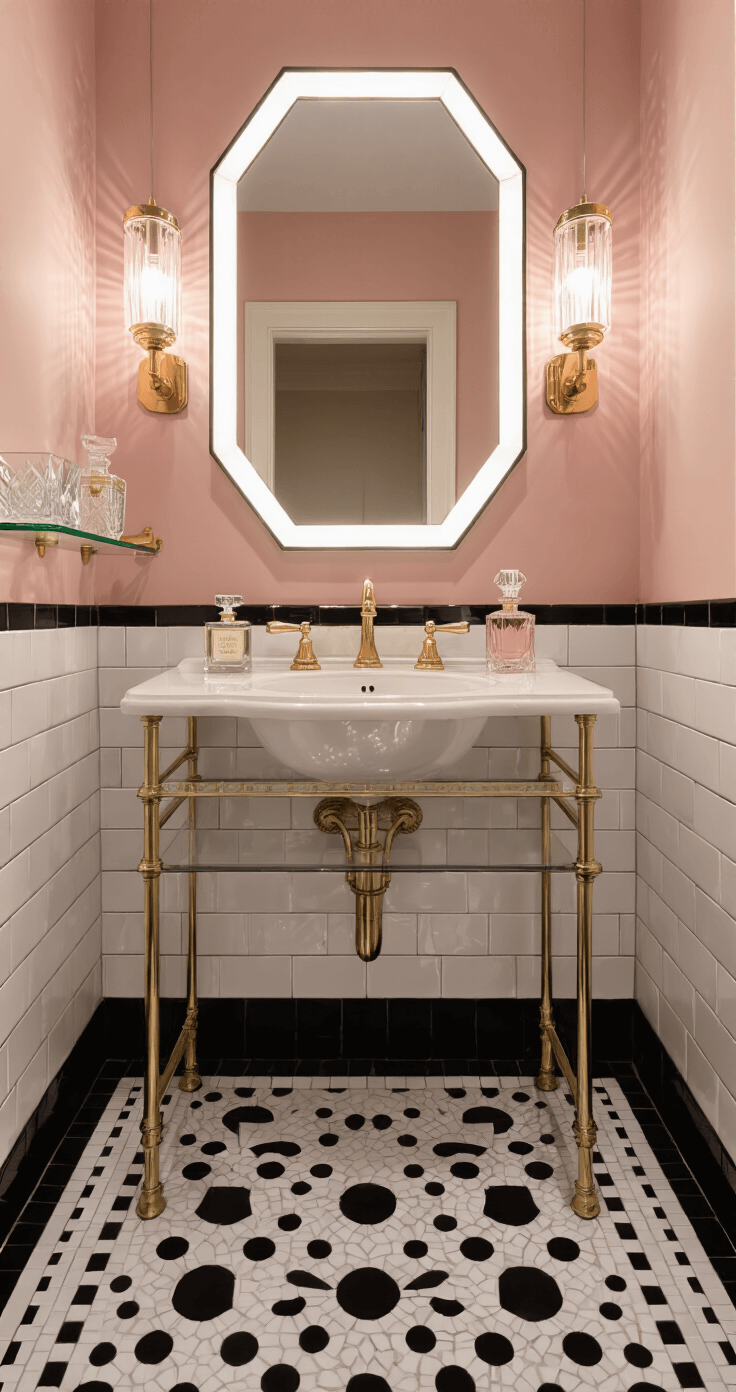 Art Deco-style bathroom at twilight, featuring black and white penny tiled floor with geometric patterns, blush pink walls, vintage pedestal sink with gold hardware, octagonal backlit mirror, glass shelves with crystal decanters and perfume bottles, and wall-mounted glass sconces with frosted shades, captured from the corner for a symmetrical view, evoking a glamorous and nostalgic mood.
