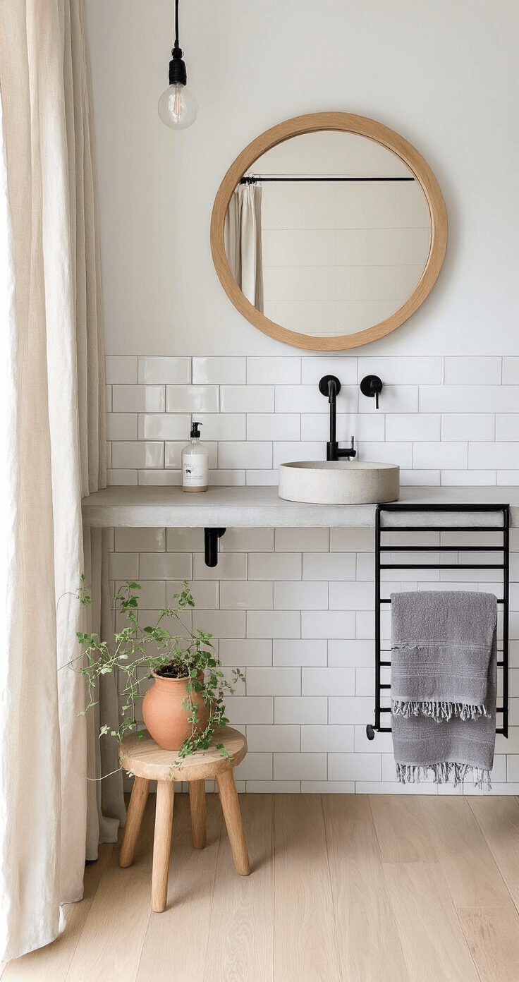 A tranquil Scandinavian bathroom featuring pale oak flooring, white subway tiles, and a floating concrete vanity with a round wooden mirror. Matte black fixtures, an oatmeal linen shower curtain, and a minimalist wooden stool with a clay pot of trailing plants enhance the peaceful atmosphere. A wall-mounted black towel warmer displays gray Turkish towels, all captured in soft morning light that emphasizes the clean lines and natural materials.