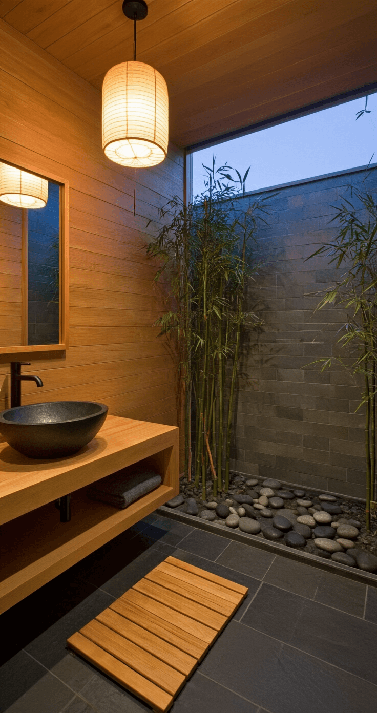 A serene Japanese zen bathroom featuring dark slate floor tiles, warm cedar wall panels, a teak shower bench, and a black stone vessel sink on a bamboo vanity, illuminated by a soft paper lantern. Potted bamboo and river rocks enhance the natural elements, with a low-angle perspective highlighting the harmonious design.