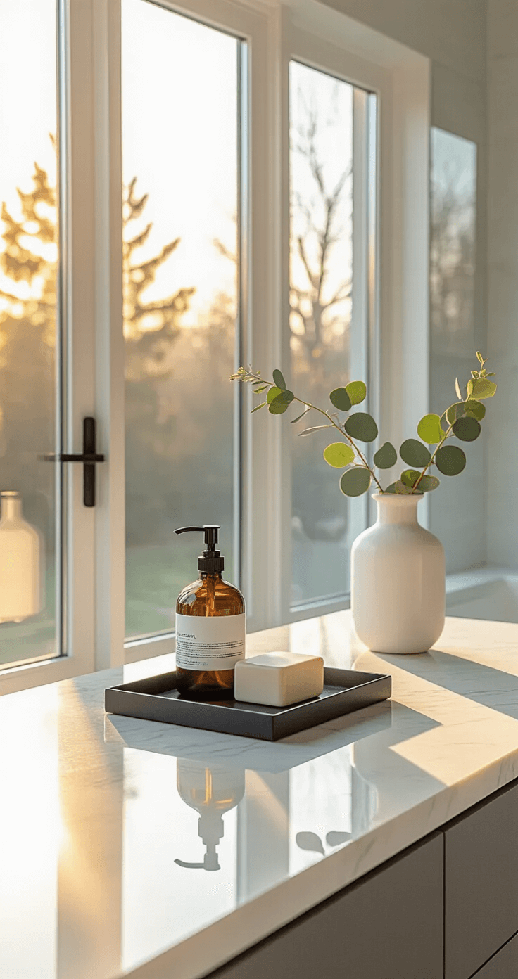 Bathroom Counter Decor: Transform Your Space with Style and Sophistication A modern minimalist master bathroom with floor-to-ceiling windows, featuring a expansive white marble counter with chrome fixtures, a matte black tray holding a smoke glass soap dispenser and eucalyptus, and varying heights of amber glass jars and white ceramic containers, all illuminated by warm golden hour light.