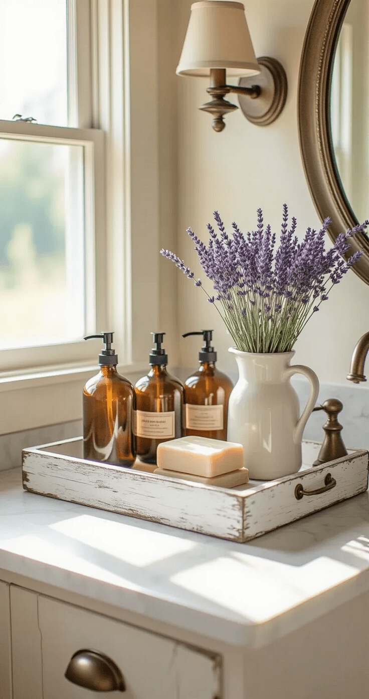 Bathroom Counter Decor: Transform Your Space with Style and Sophistication Intimate powder room counter styled with a distressed white wooden tray featuring amber glass soap dispensers and a dried lavender vase, highlighted by warm cream and taupe tones, weathered brass fixtures, and gentle natural light casting soft shadows.