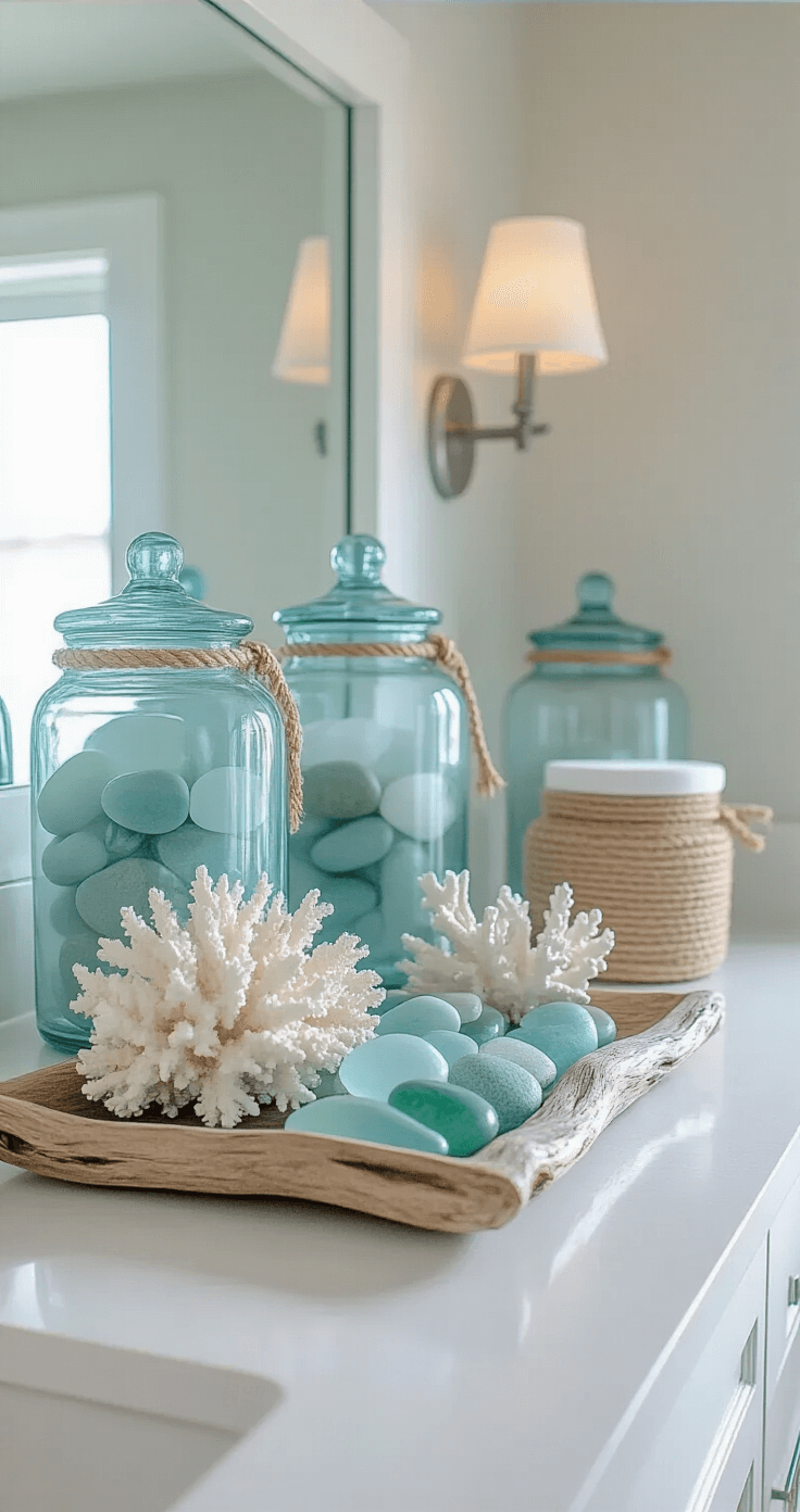 Bathroom Counter Decor: Transform Your Space with Style and Sophistication A bright coastal-themed guest bathroom counter featuring a white quartz surface adorned with sea glass-inspired accessories, including frosted blue glass containers, rope-wrapped storage jars, and a driftwood tray, all arranged at varying heights. A white coral specimen adds texture, with soft aquas, sea foam greens, and sandy neutrals dominating the color palette under bright, even lighting that enhances the airy atmosphere.