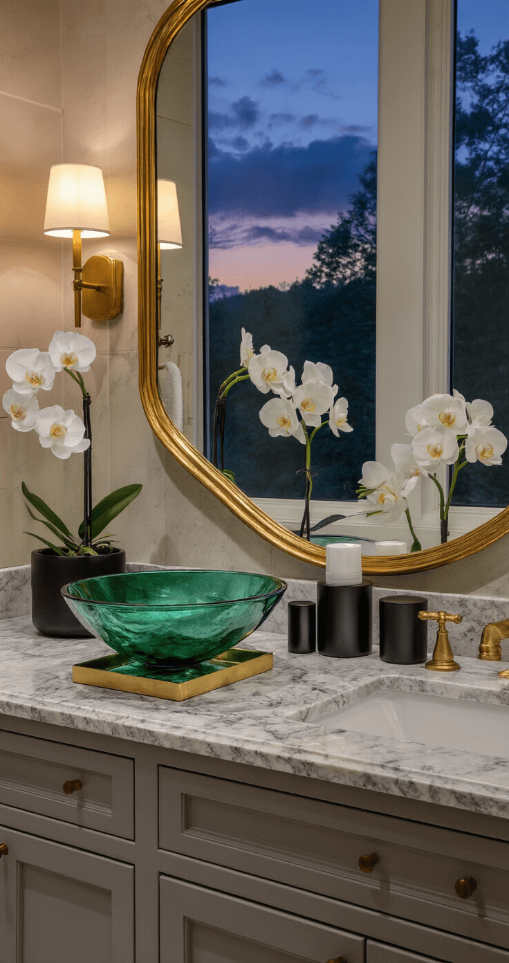 Bathroom Counter Decor: Transform Your Space with Style and Sophistication Luxury spa-inspired master bath counter featuring a grey-veined marble double vanity, emerald glass vessels with orchids, a gold-rimmed mirror, and black matte containers, all captured from a low angle at dusk to emphasize grandeur, with dramatic overhead lighting and moody ambiance.