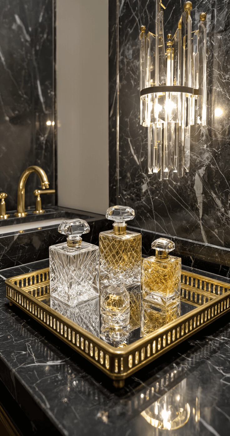 Bathroom Counter Decor: Transform Your Space with Style and Sophistication Art deco inspired guest bath featuring a black marble counter adorned with crystal and gold vessels, dramatic faceted glass perfume bottles, and a mirrored tray of vintage-style accessories, all under low angle lighting that enhances the luxury and sparkle of the materials.