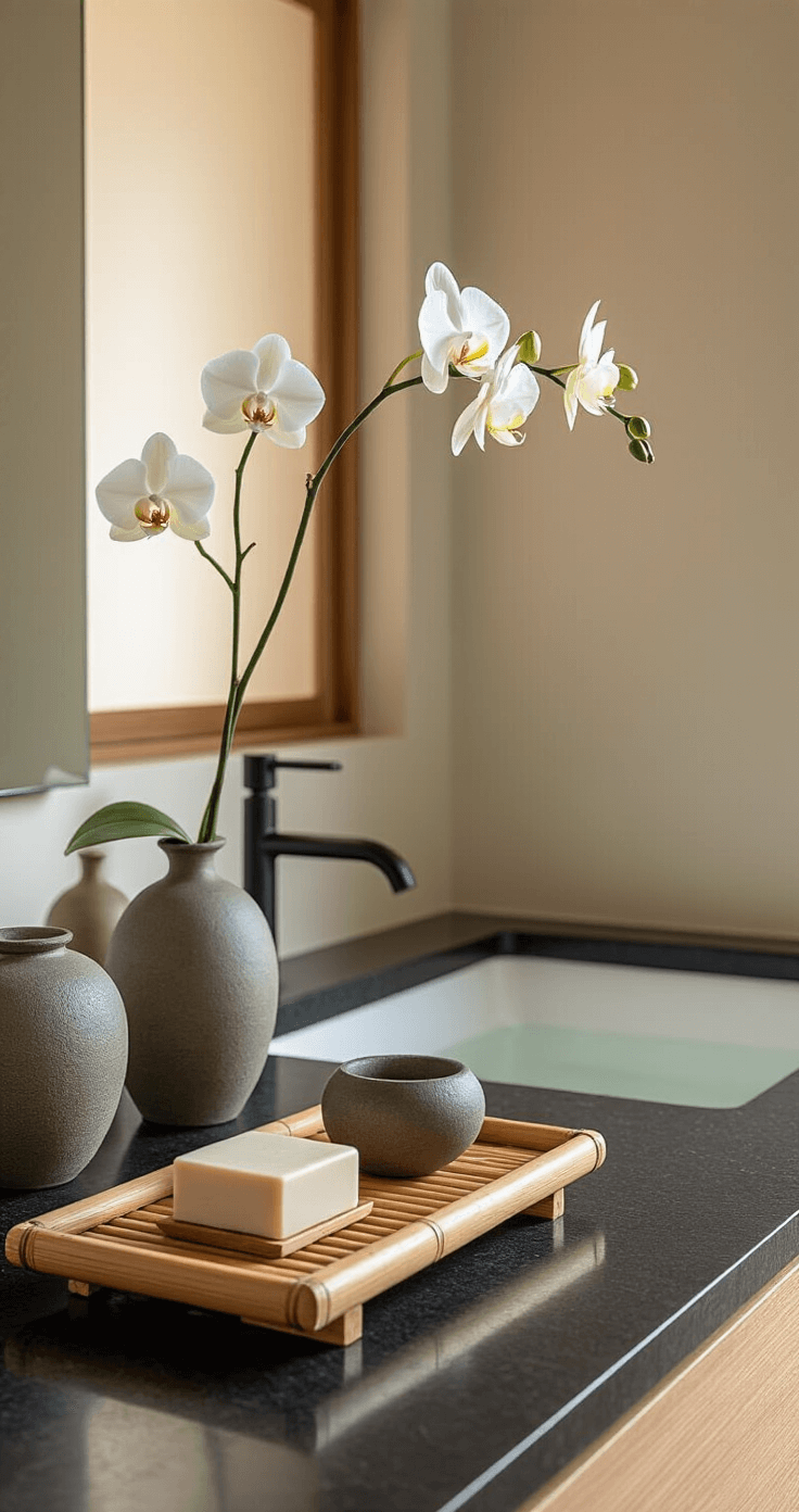 Bathroom Counter Decor: Transform Your Space with Style and Sophistication A serene Zen-inspired master bath featuring a black granite counter with natural stone containers and bamboo organizers, illuminated by soft morning light. A simple ceramic vase holds an orchid stem, while a wooden tea tray displays minimalist soap vessels, all set in an earthy, tranquil atmosphere.