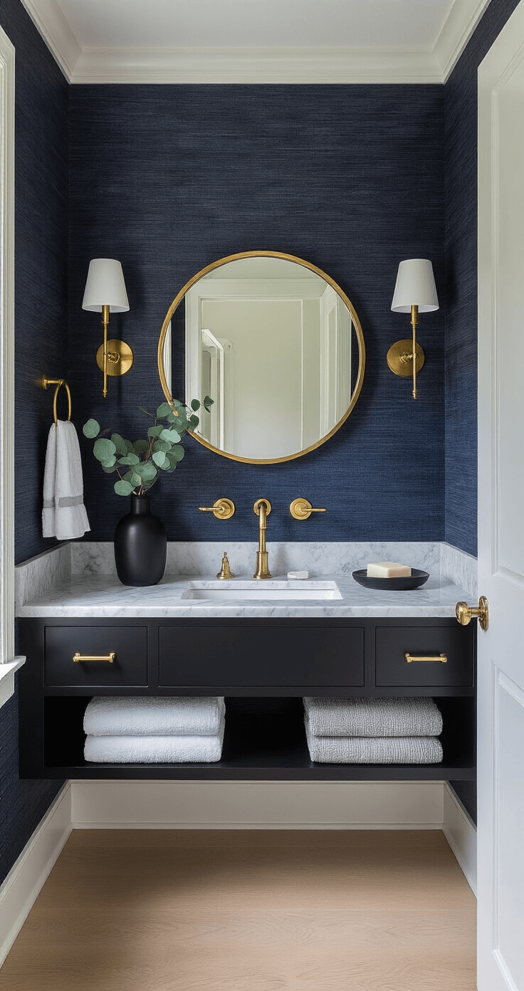 Half Bathroom Decor: Transform Your Tiny Space into a Stunning Sanctuary A modern luxe powder room featuring a floating matte black vanity with a Carrara marble top, illuminated by sunlight through a frosted window. The space is adorned with navy grasscloth wallpaper, a round brass mirror, contemporary glass sconces, and styled with a black ceramic vessel, marble soap dish, and layered Turkish hand towels. White oak floors complete the elegant design.
