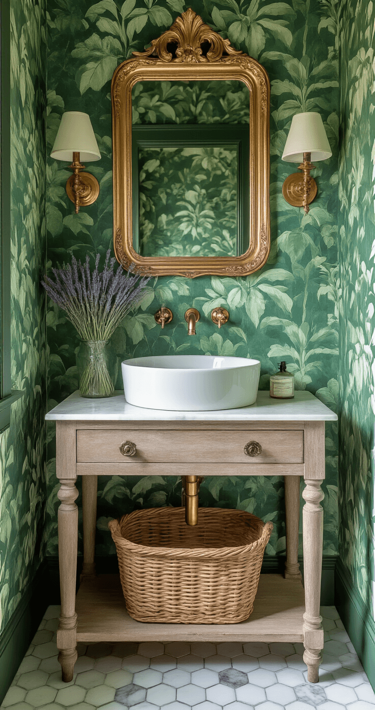 Half Bathroom Decor: Transform Your Tiny Space into a Stunning Sanctuary Corner view of a vintage eclectic powder room, featuring a weathered oak console vanity with a white porcelain vessel sink, emerald green botanical wallpaper, an ornate gold mirror, and vintage brass wall-mounted faucet, alongside hexagonal marble flooring and styled with mercury glass accessories and a dried lavender bundle in morning light.