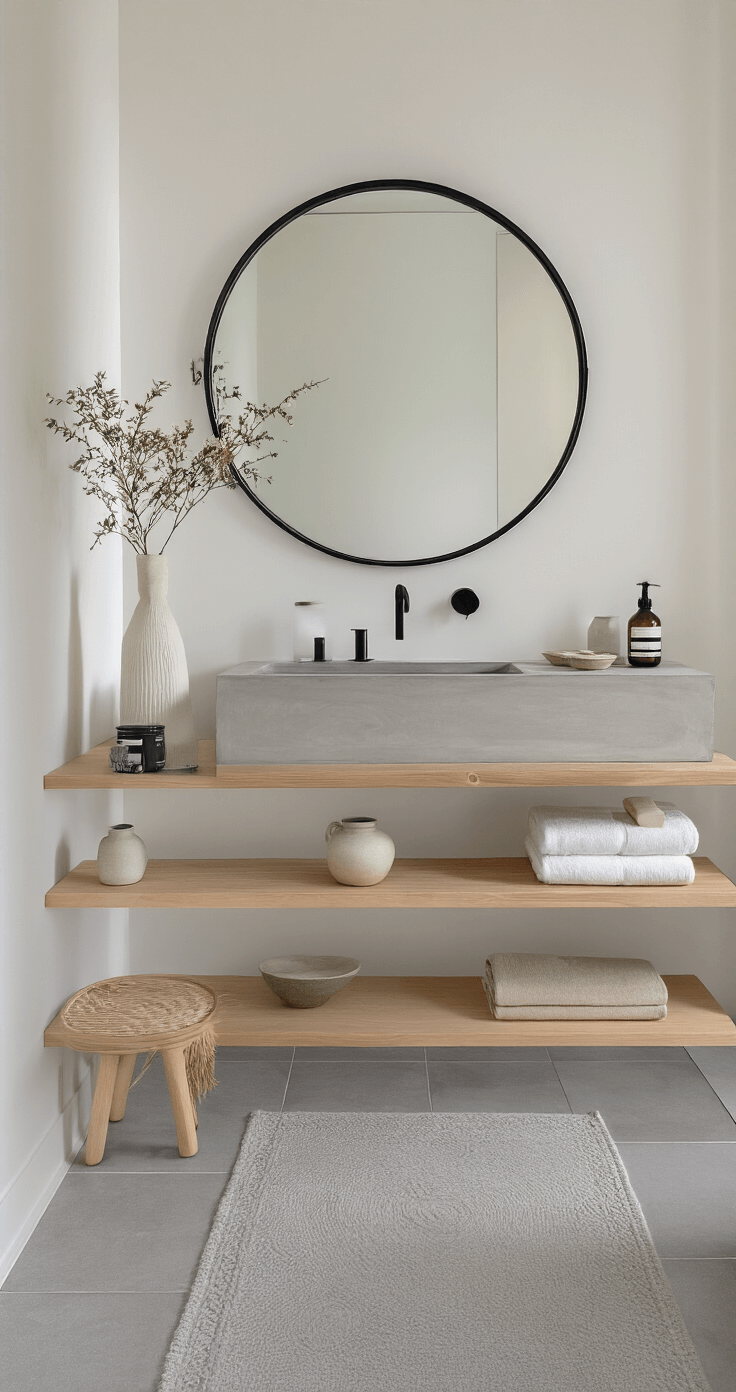Half Bathroom Decor: Transform Your Tiny Space into a Stunning Sanctuary Wide-angle view of a minimalist Scandinavian retreat featuring a floating concrete vanity with an integrated sink, a slim black-framed round mirror, and blonde wood floating shelves. The space has warm white walls, matte black fixtures, and large-format gray porcelain floor tiles, all illuminated by natural light.