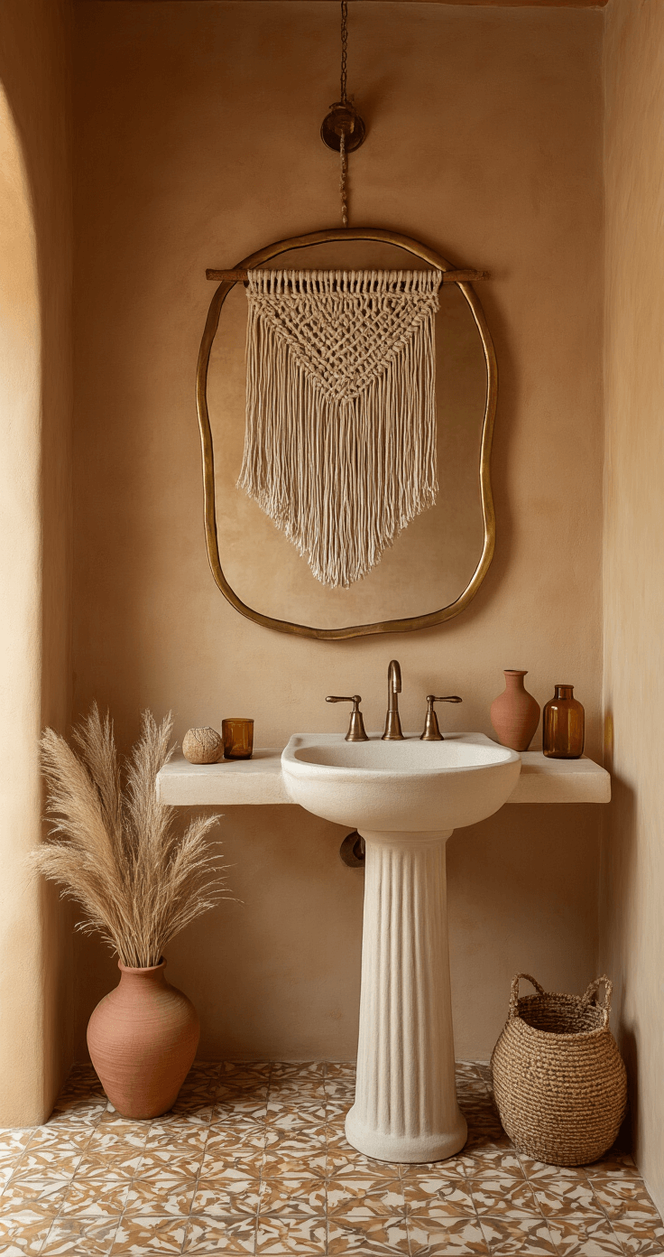 Half Bathroom Decor: Transform Your Tiny Space into a Stunning Sanctuary A cozy bathroom oasis featuring terracotta plaster walls and a bone white pedestal sink, complemented by a macramé wall hanging, weathered brass mirror, and southwestern patterned floor tiles, adorned with clay vessels and pampas grass, captured in warm golden hour light.