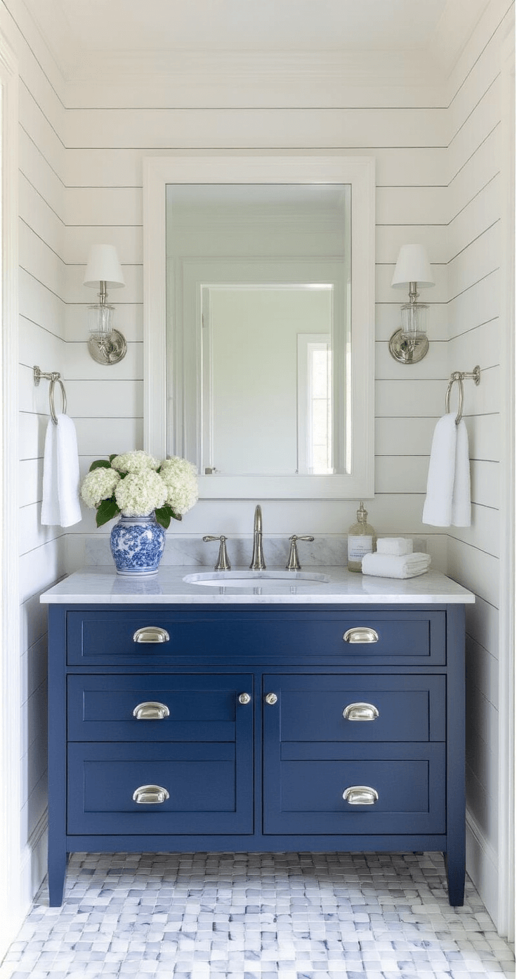 Half Bathroom Decor: Transform Your Tiny Space into a Stunning Sanctuary Coastal bathroom interior showcasing shiplap walls, navy blue vanity, polished nickel fixtures, and basket-weave marble floor tiles, styled with chinoiserie decor and fresh hydrangeas, illuminated by morning light.