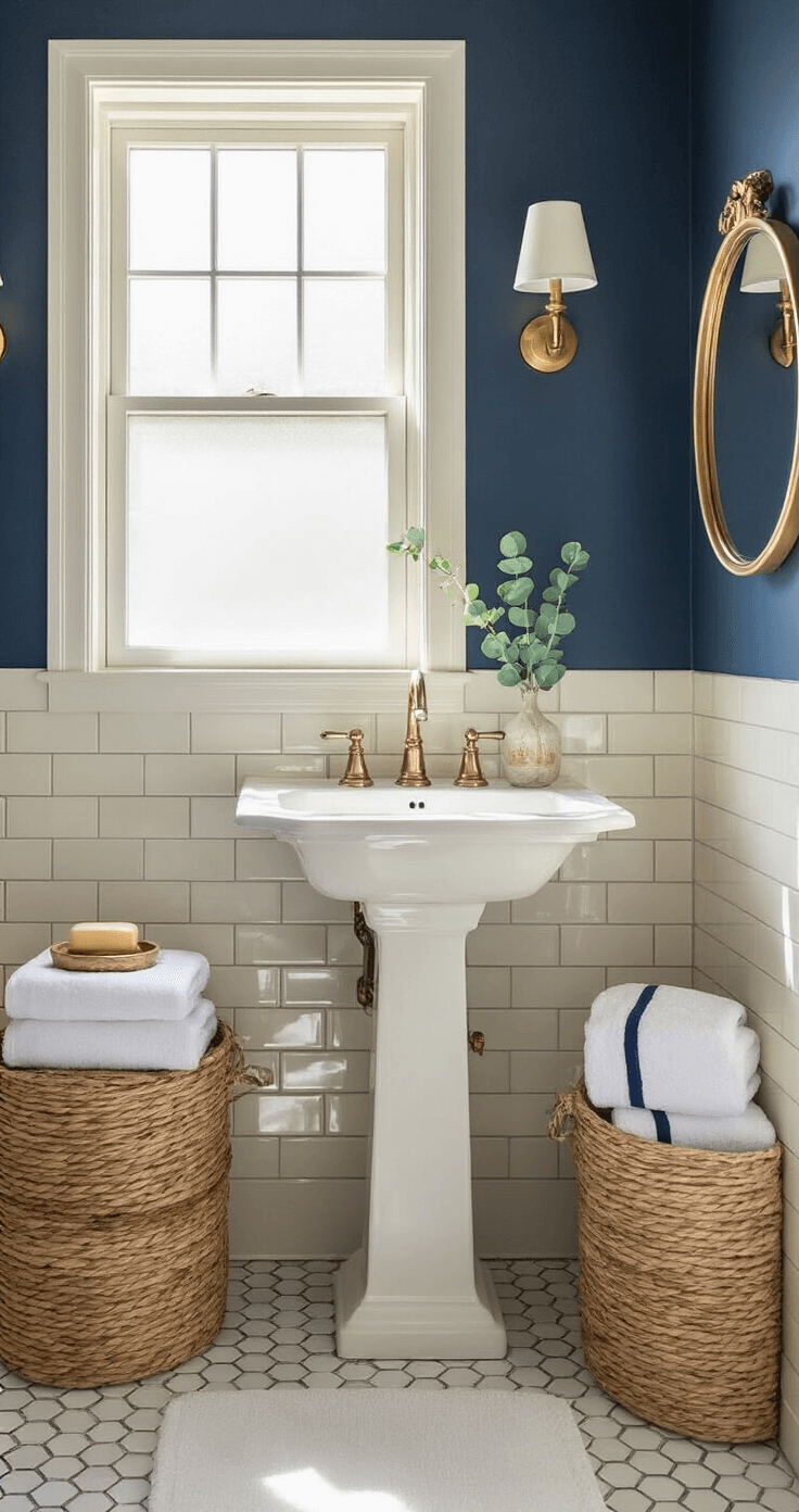 Guest Bathroom Decor: Transform Your Space into a Welcoming Retreat Bright and airy guest bathroom with cream subway tiles, a freestanding pedestal sink, and a navy blue accent wall featuring brass sconces and an oval mirror. Sunlight streams through a frosted window, highlighting woven seagrass baskets beneath a floating marble shelf. Artfully rolled white towels with navy trim and a Turkish cotton bath mat on hexagonal floor tiles add texture. A minimal brass tray with amber soap and a fresh eucalyptus sprig completes the serene scene.