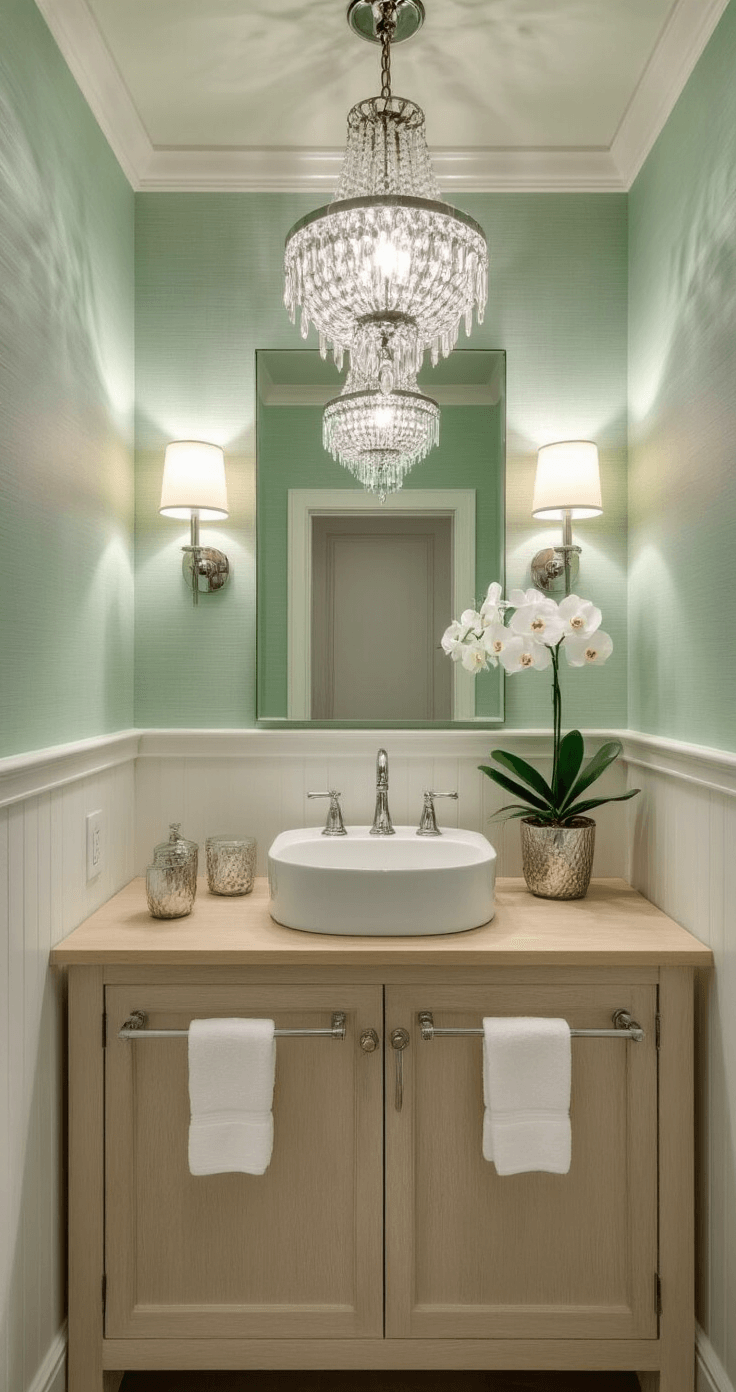Guest Bathroom Decor: Transform Your Space into a Welcoming Retreat Low-angle view of a cozy 5x7ft powder room at dusk, featuring mint green walls, white wainscoting, chrome fixtures, and a vintage crystal chandelier. A modern floating bleached oak vanity supports a vessel sink, accented by mercury glass accessories and a white orchid. Plush cream hand towels hang from a brushed nickel ring, all captured with a wide-angle lens.