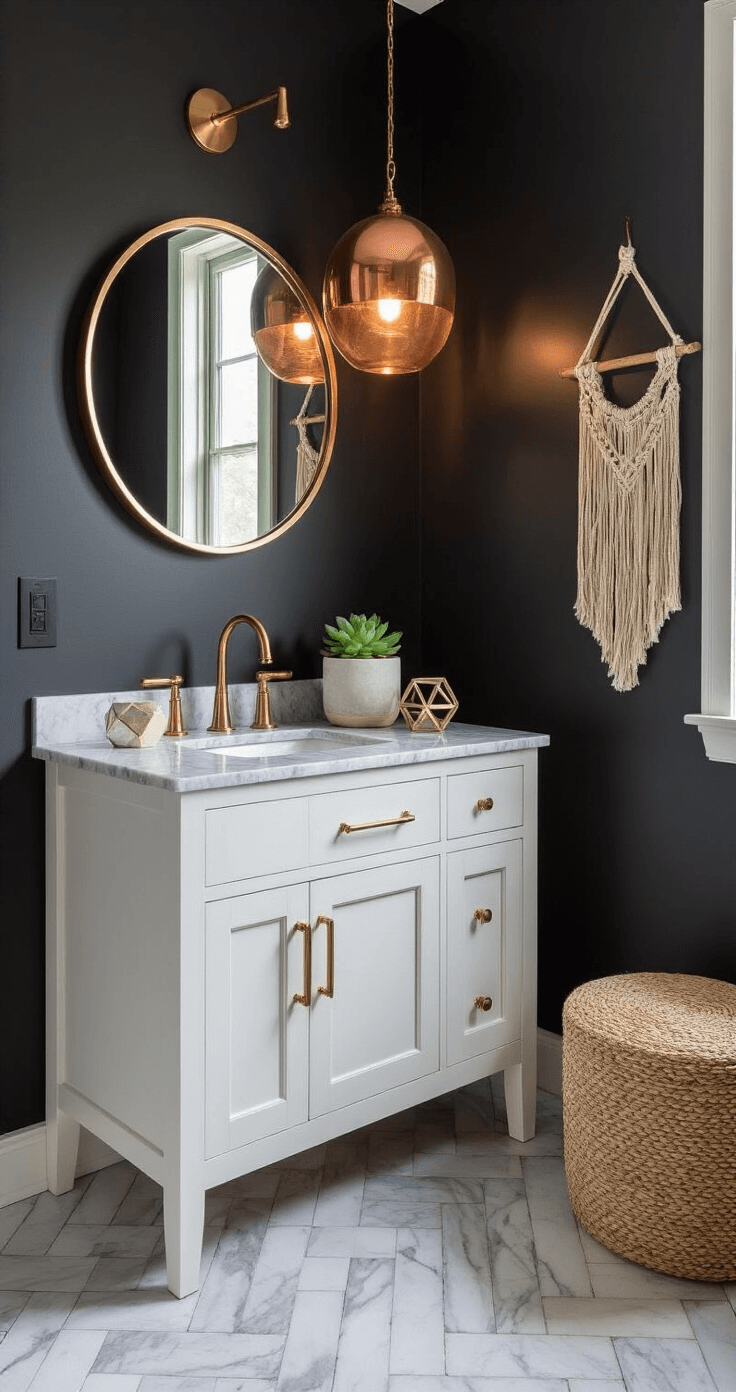 Guest Bathroom Decor: Transform Your Space into a Welcoming Retreat Intimate view of a luxurious guest bath featuring charcoal walls, marble herringbone floors, a white freestanding vanity with Carrara marble top, and a statement copper pendant light reflecting in a round mirror, enhanced by alabaster accessories, a potted succulent, a geometric candle holder, and a macramé wall hanging.