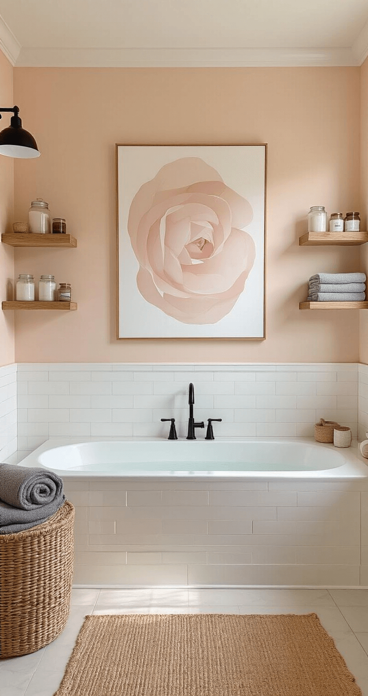 Guest Bathroom Decor: Transform Your Space into a Welcoming Retreat A serene bathroom with soft peach walls, white trim, and contemporary matte black fixtures, featuring natural wood floating shelves, oversized abstract art, a rattan hamper, and a jute rug, all illuminated by morning light.