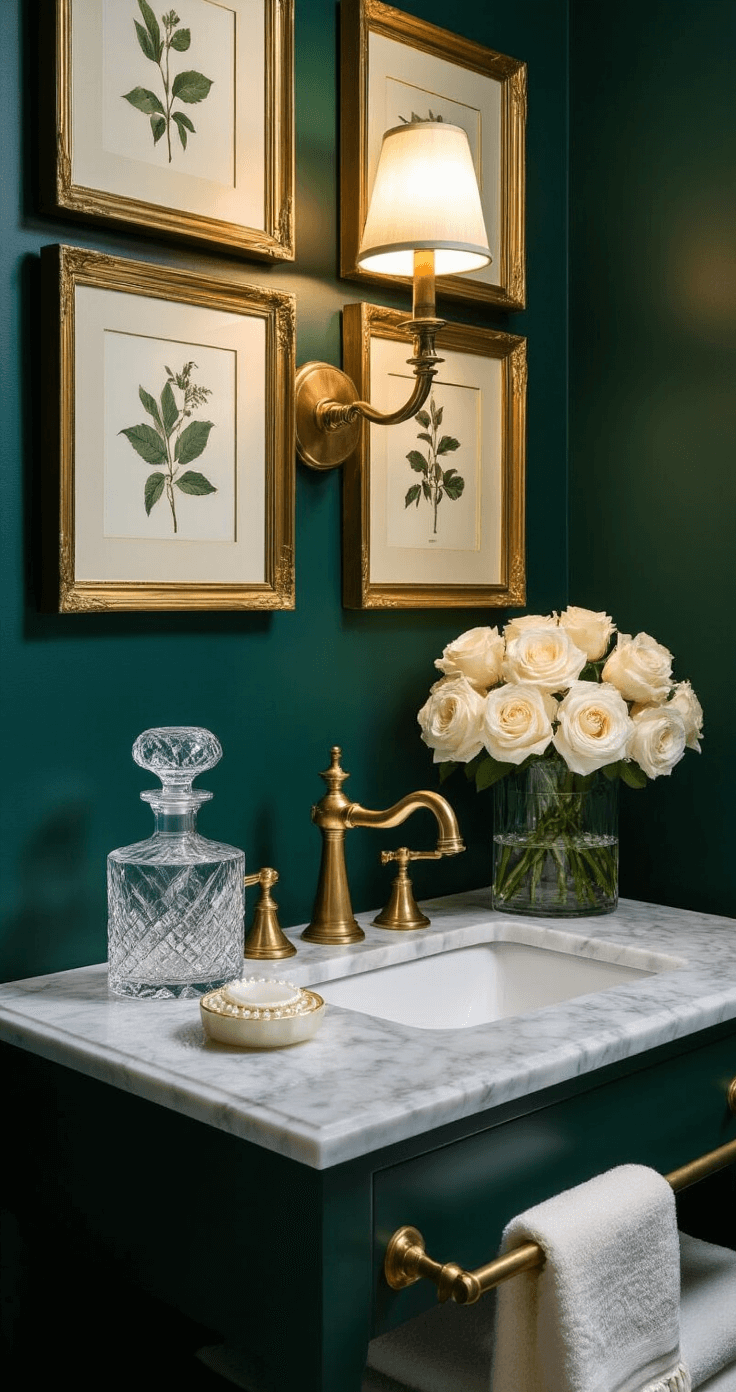 Guest Bathroom Decor: Transform Your Space into a Welcoming Retreat A luxurious powder room featuring deep emerald walls and gold-framed botanical prints, illuminated by an antique brass vanity light above a marble-topped console sink, with cut crystal decanters, fresh white roses, and mother of pearl accessories, all accented by cream silk tasseled hand towels, shot from a corner angle to highlight the textures and moody twilight ambiance.
