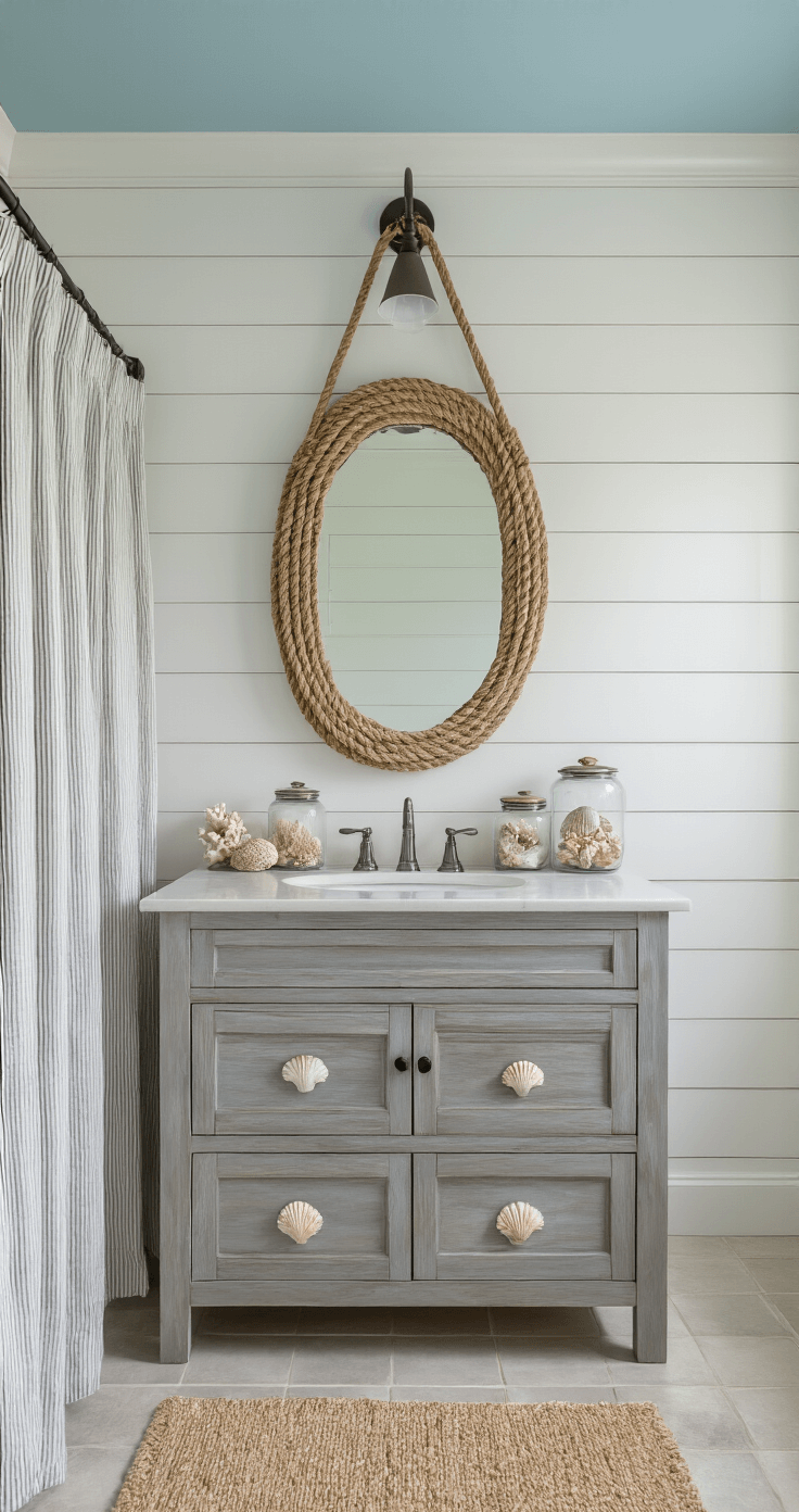 Guest Bathroom Decor: Transform Your Space into a Welcoming Retreat Coastal-inspired guest bath featuring shiplap walls, a pale blue ceiling, a weathered grey vanity with shell-like handles, a rope-wrapped mirror, and glass canisters with sea sponges and coral, all highlighted by afternoon light.