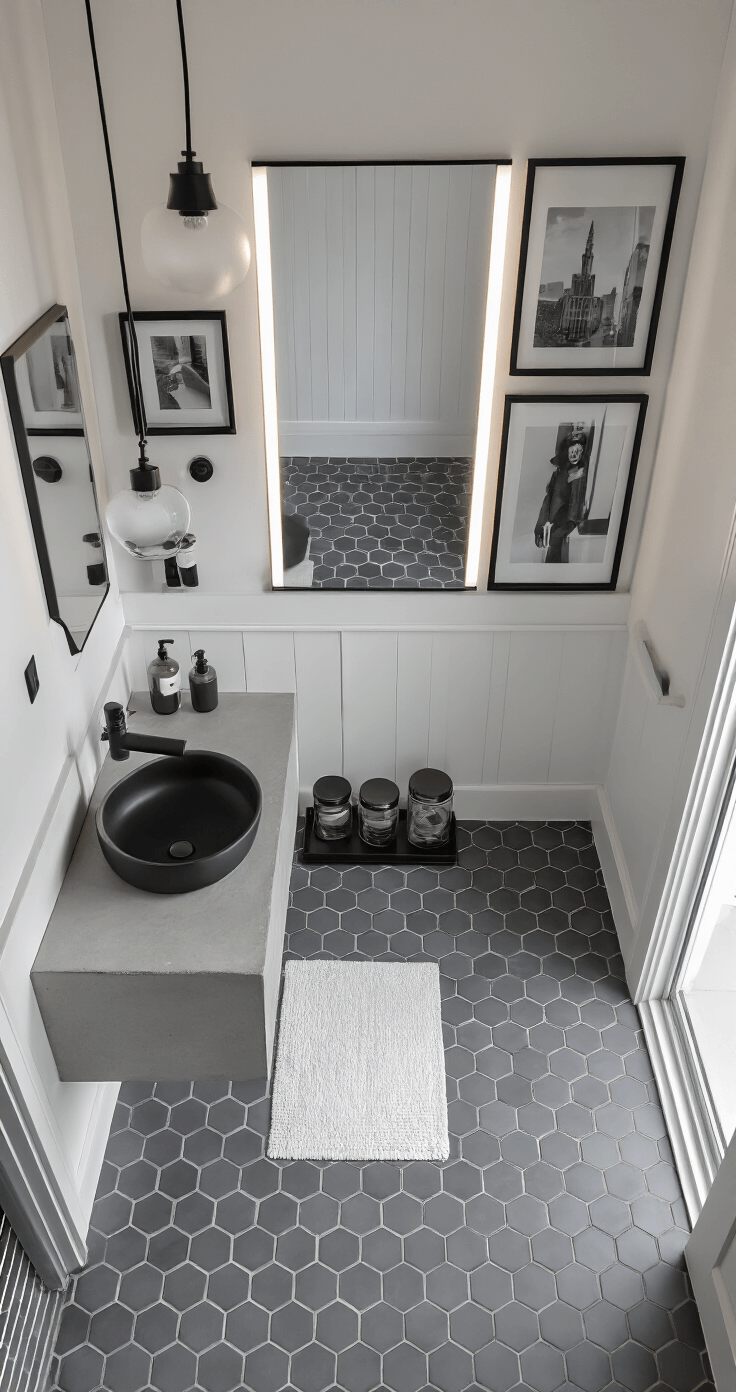Guest Bathroom Decor: Transform Your Space into a Welcoming Retreat Elevated view of a modern bathroom featuring black hexagon floor tiles, white geometric-trimmed walls, a floating concrete vanity with a matte black vessel sink, a minimalist LED mirror, organized toiletries in smoke glass containers, and a black and white photography gallery wall, all emphasizing clean lines and sharp contrast.