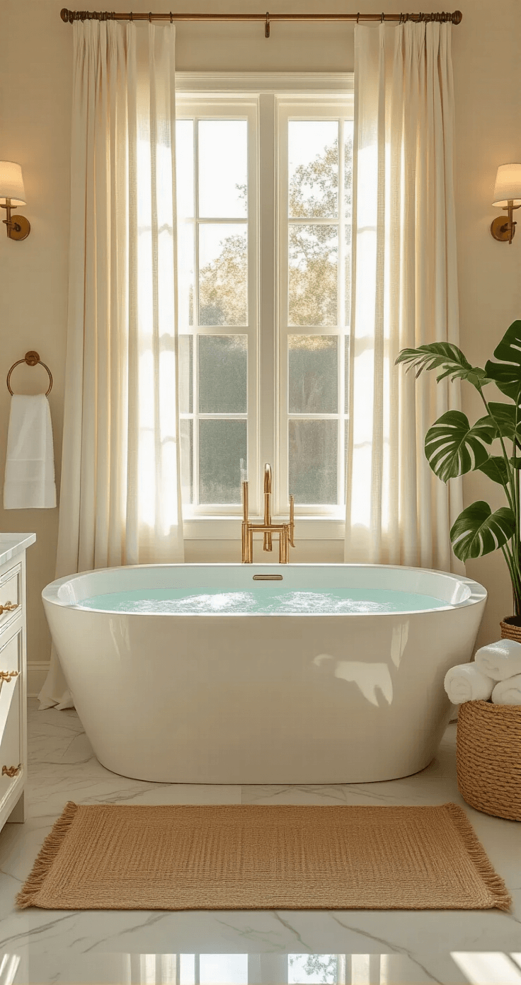 Bathroom Decor Mastery: Transform Your Space into a Spa-Like Sanctuary Luxurious master bathroom featuring a freestanding oval soaking tub, marble accent wall, and warm golden hour light filtering through sheer curtains, showcasing brass fixtures and soft textures.