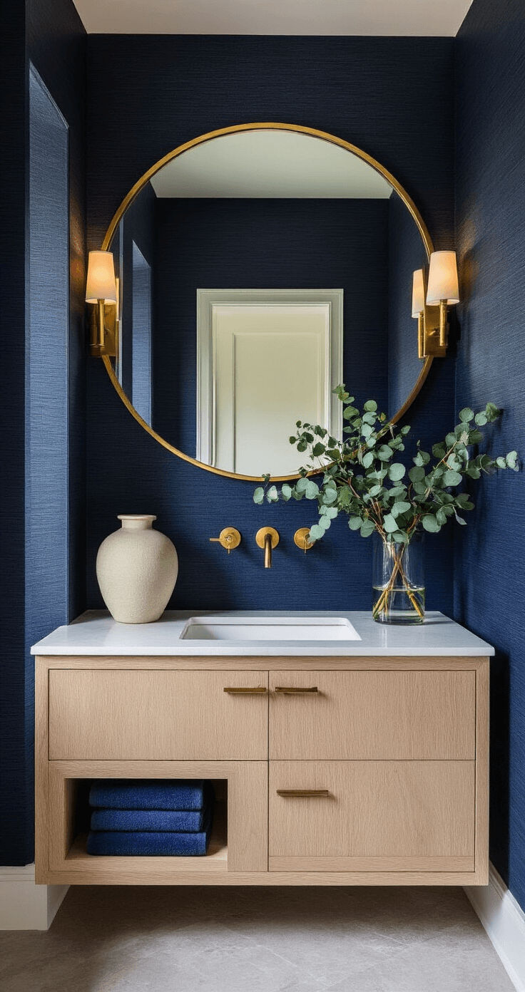 Bathroom Decor Mastery: Transform Your Space into a Spa-Like Sanctuary Intimate powder room featuring dramatic navy grasscloth wallpaper, a modern bleached oak floating vanity, and an oversized round brass mirror, styled with ceramic vessels and eucalyptus, capturing rich textures and moody sophistication in morning light.