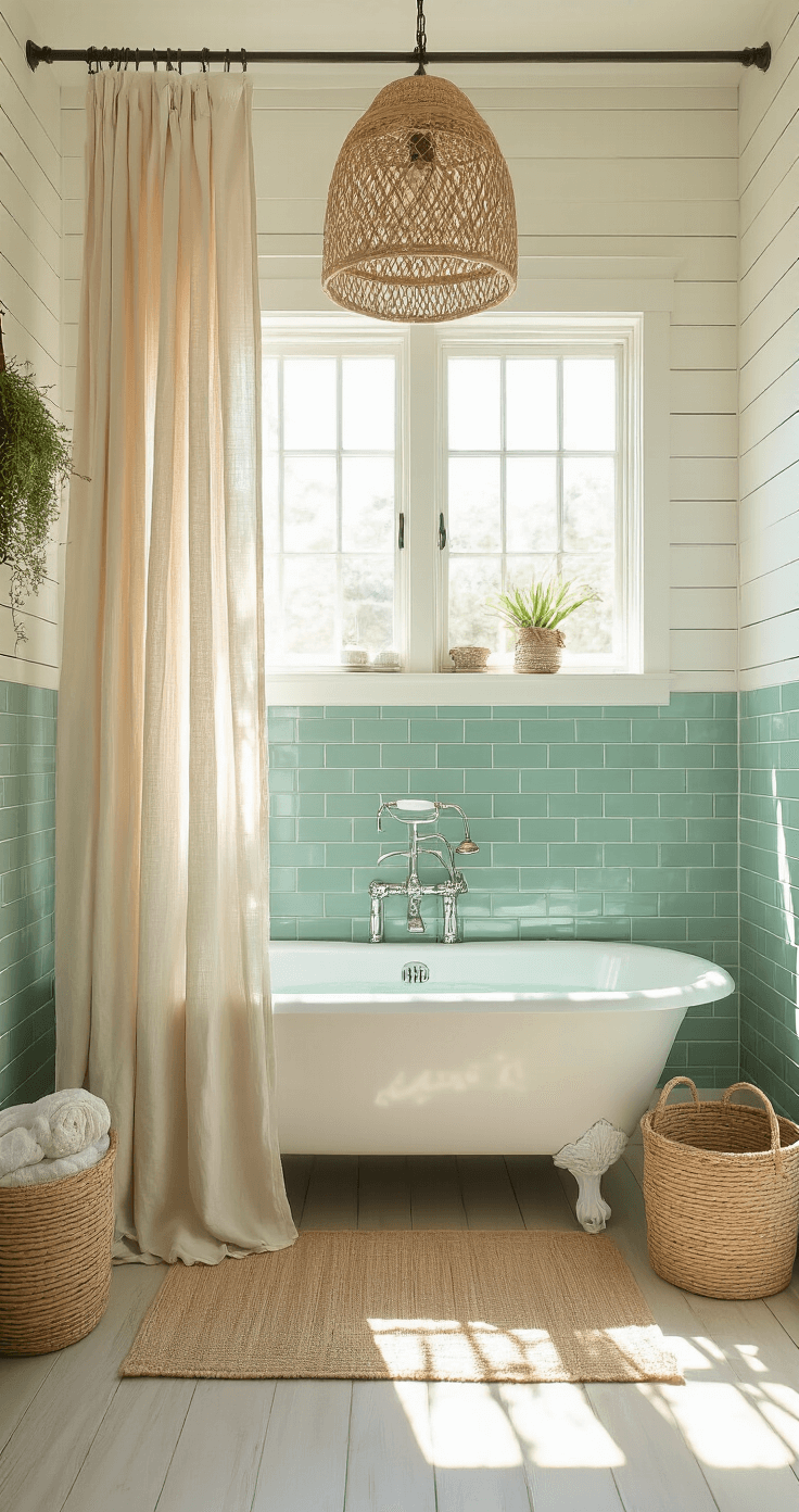 Bathroom Decor Mastery: Transform Your Space into a Spa-Like Sanctuary A bright and airy coastal-inspired bathroom featuring seafoam green subway tiles, white shiplap walls, and a vintage clawfoot tub beneath a window with an organic linen shower curtain. Rattan pendant lights create intricate shadows, while the space is accessorized with seagrass baskets, cotton rope items, and air plants, captured from an elevated angle to showcase the room's spacious flow.
