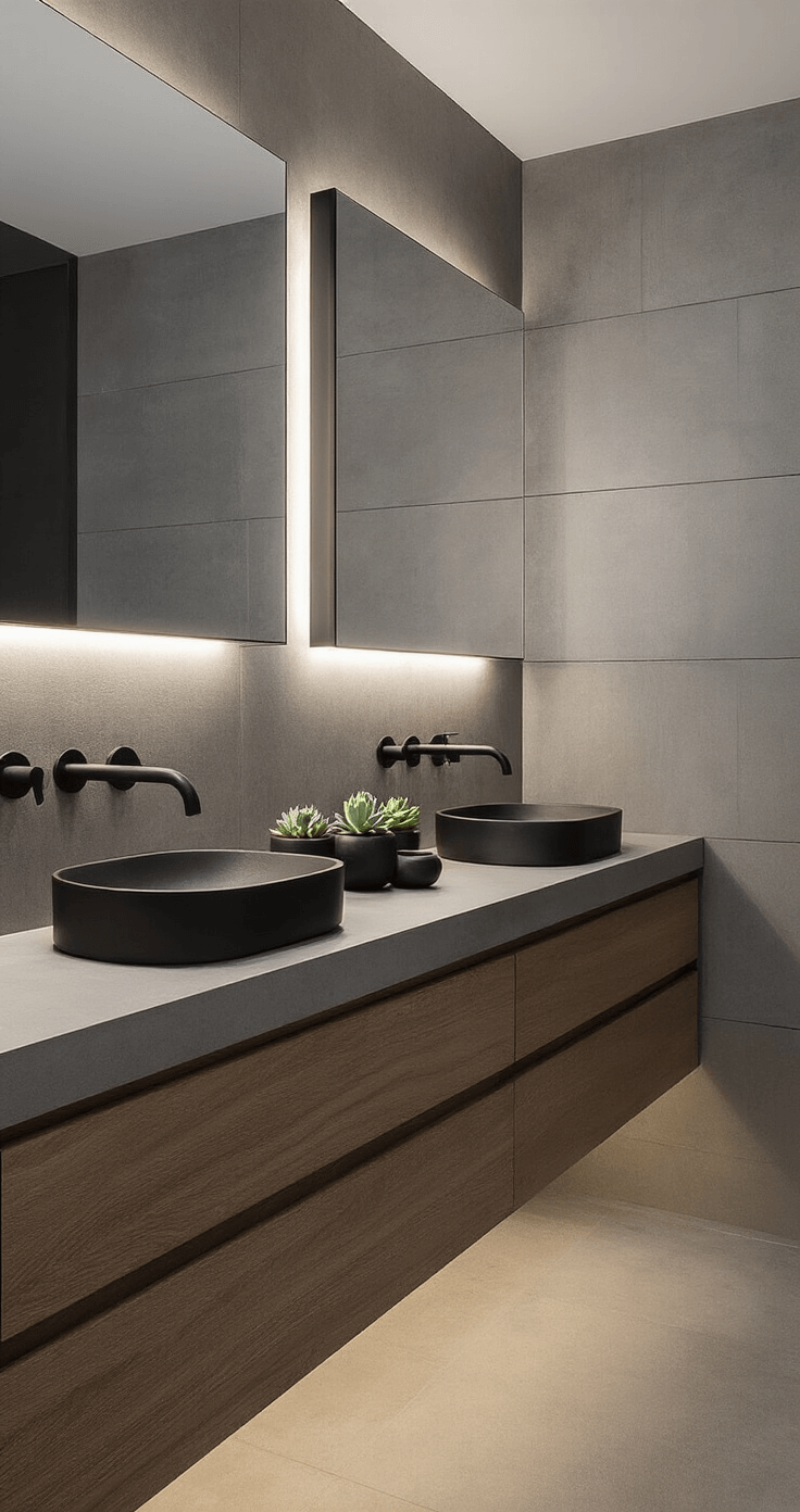 Bathroom Decor Mastery: Transform Your Space into a Spa-Like Sanctuary A modern bathroom featuring a floating double vanity with vessel sinks, matte black fixtures, and large-format concrete-look tiles, illuminated by dramatic uplighting and a backlit mirror, decorated with black pottery and succulents, all in an industrial-chic style.