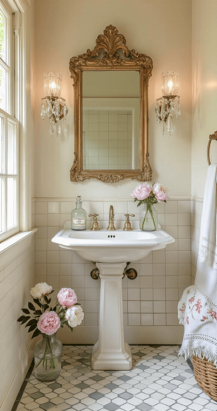 Bathroom Decor Mastery: Transform Your Space into a Spa-Like Sanctuary Cozy vintage-inspired bathroom with hexagon floor tiles, a pedestal sink, and an ornate gilded mirror, enhanced by crystal sconces and styled with apothecary bottles and fresh peonies, captured in soft afternoon light from above.