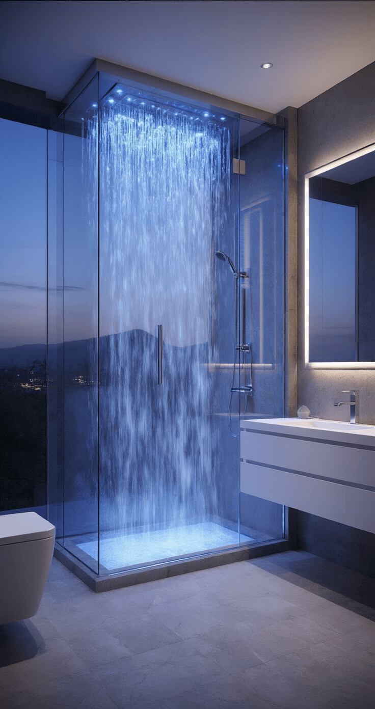 Bathroom Decor Mastery: Transform Your Space into a Spa-Like Sanctuary A luxurious contemporary bathroom at twilight featuring a dramatic waterfall shower enclosed by a floor-to-ceiling glass partition, hidden LED strips casting an ethereal blue glow, a floating high-gloss white vanity with a waterfall quartz countertop, and chrome and glass accessories reflecting the ambient lighting, all captured from a corner angle to highlight the spacious and spa-like atmosphere.