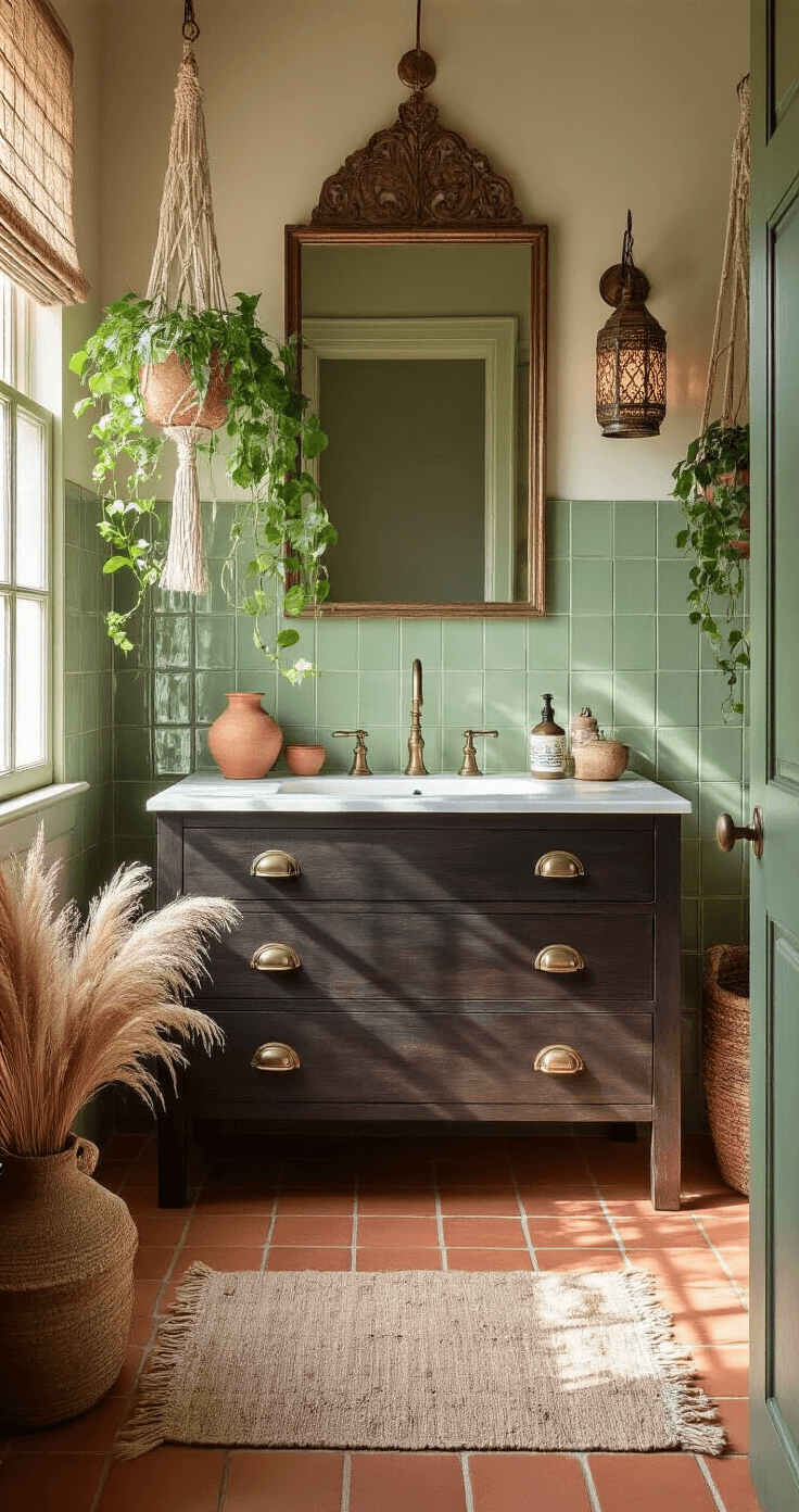 Bathroom Decor Mastery: Transform Your Space into a Spa-Like Sanctuary A bohemian 10x10ft bathroom filled with morning sunlight, featuring terracotta floor tiles, sage green subway tile walls, vintage brass hardware on a dark wood vanity, macramé plant hangers with pothos, a Moroccan lantern casting patterned shadows, and styled with handwoven textiles, ceramic vessels, and dried pampas grass.