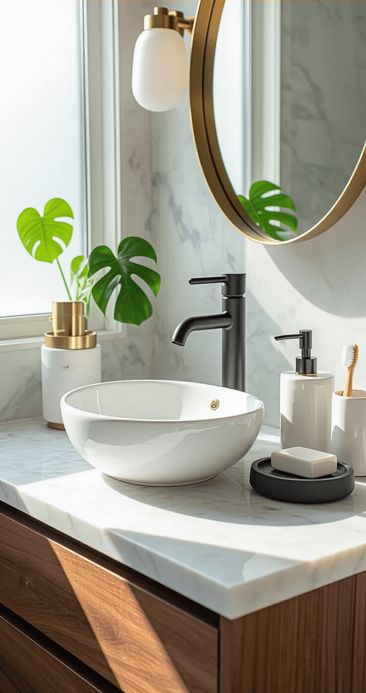 Bathroom Sink Decor: Transform Your Space with Style and Function Luxurious modern bathroom vignette featuring a white porcelain vessel sink on a floating walnut vanity, illuminated by morning sunlight through a frosted window, with a matte black faucet, geometric brass soap dispenser, and a potted monstera in the corner, all framed by a circular backlit mirror.