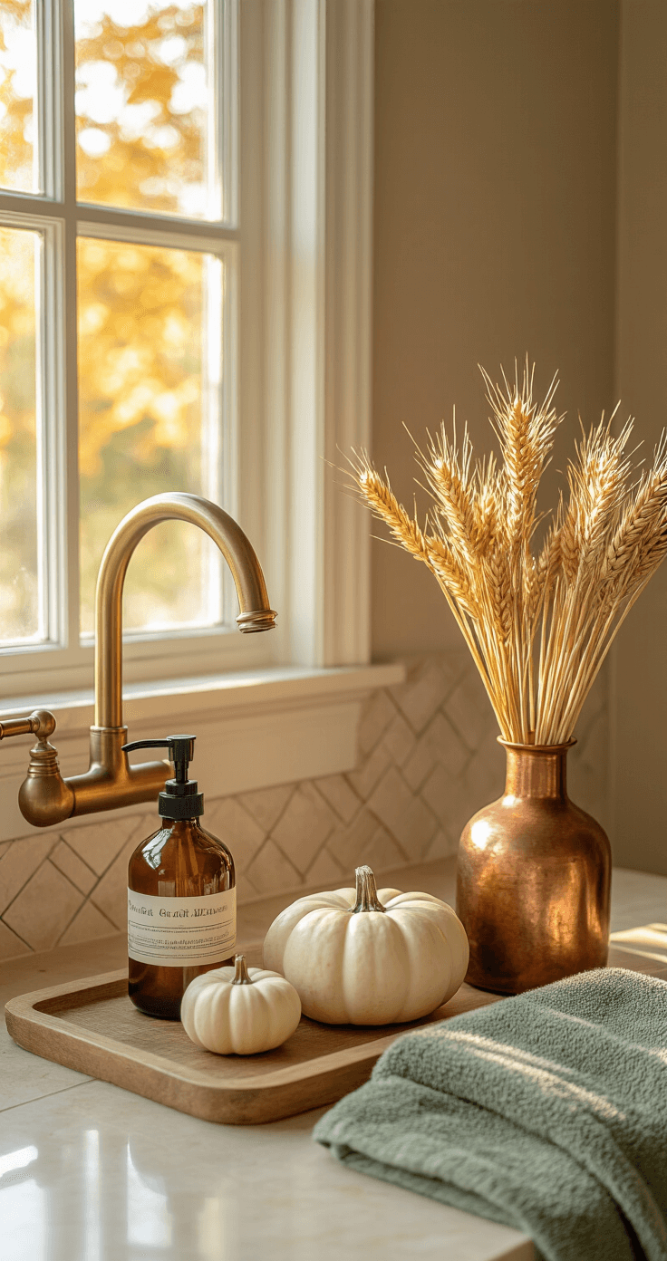 Bathroom Sink Decor: Transform Your Space with Style and Function Cozy bathroom interior decorated for fall, featuring herringbone tile, warm lighting, a vintage brass faucet, cream quartz countertop, amber glass soap dispenser, mini white pumpkins, dried wheat stems, and sage hand towels, creating an inviting autumnal atmosphere.