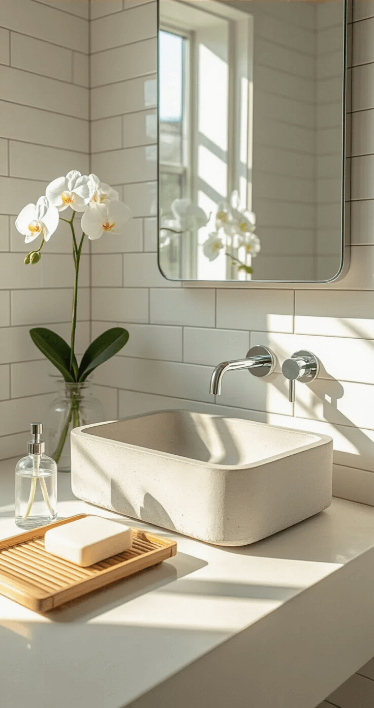 Bathroom Sink Decor: Transform Your Space with Style and Function Minimalist bathroom with a floating concrete sink, chrome wall-mounted faucet, and decorative accents, styled in morning light with floor-to-ceiling white subway tiles and a frameless mirror reflecting natural light.