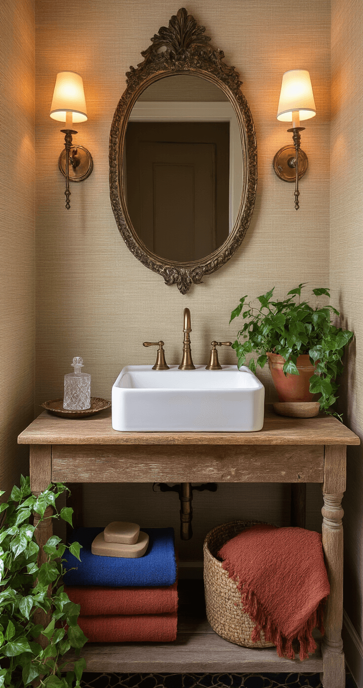 Bathroom Sink Decor: Transform Your Space with Style and Function Bohemian-inspired powder room vignette featuring a reclaimed wood vanity with an aged brass faucet, textured grasscloth wallpaper, vintage accessories including a crystal soap dish and copper tray, handwoven Turkish towels in rust and indigo, a potted trailing ivy, and an ornate bronze mirror, all captured under soft artificial lighting at dusk for a moody ambiance.