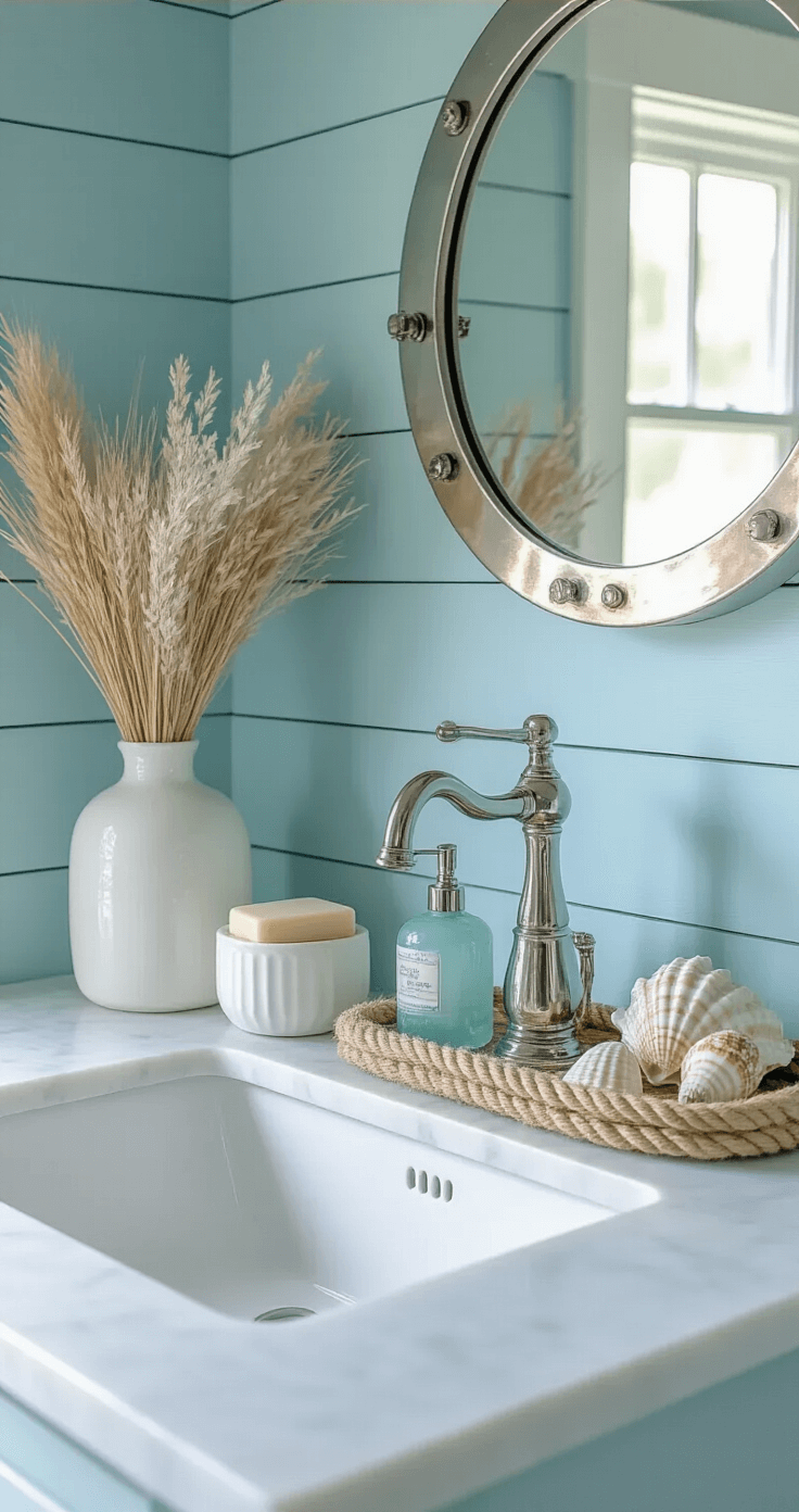 Bathroom Sink Decor: Transform Your Space with Style and Function Coastal bathroom sink with pale blue shiplap walls, polished nickel faucet, white marble counter, sea glass soap dispenser, rope-wrapped tray with shells, preserved grasses, porthole-style mirror, low angle shot highlighting natural light and breezy aesthetic.