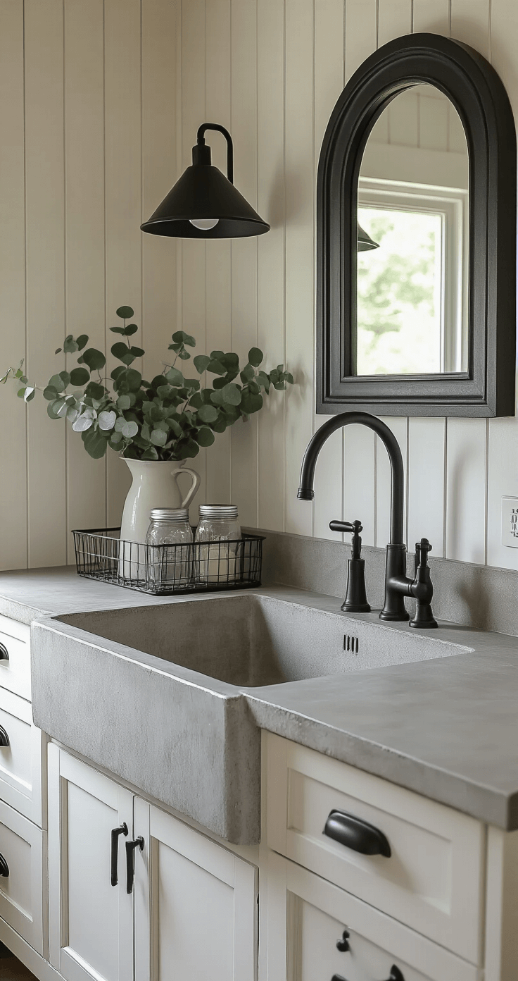 Bathroom Sink Decor: Transform Your Space with Style and Function Modern farmhouse bathroom with vertical shiplap wall, featuring a concrete sink and matte black gooseneck faucet, decorated with a wire basket of mason jar accessories, a galvanized metal tray, and eucalyptus in a ceramic pitcher, alongside a black-framed arched mirror, all illuminated by soft morning light.