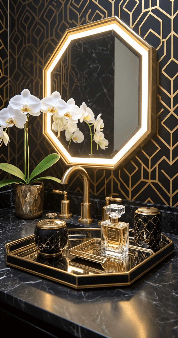 Bathroom Sink Decor: Transform Your Space with Style and Function Art deco bathroom vignette featuring geometric wallpaper, a gold-toned widespread faucet on a black marble vanity, cut crystal perfume bottles, and black and gold ceramic accessories, illuminated by dramatic accent lighting with a backlit octagonal mirror.