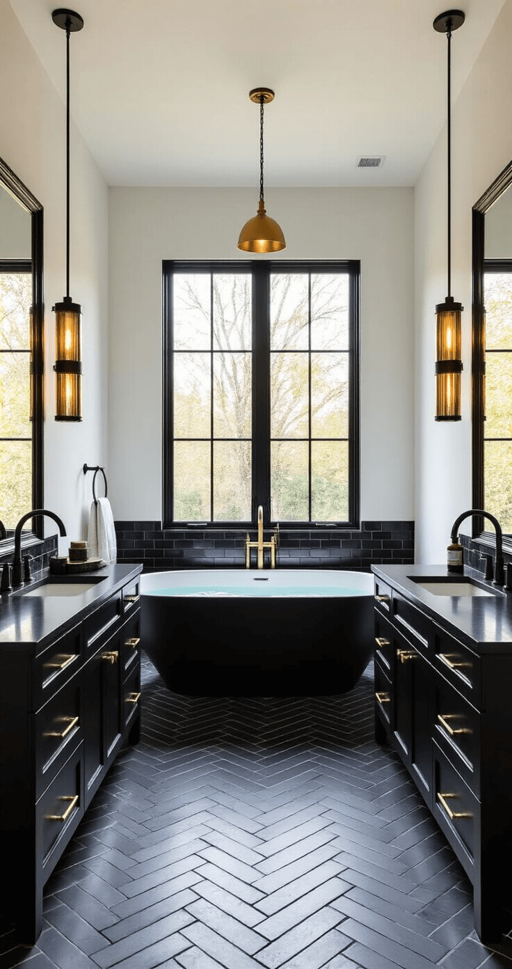 Black Bathroom Decor: Transform Your Space with Bold Sophistication Luxurious master bathroom at golden hour, featuring a matte black freestanding tub on marble herringbone floors, dual black floating vanities with illuminated mirrors, and a glossy black subway tile accent wall, all illuminated by warm brass pendant lights, creating a moody atmosphere.