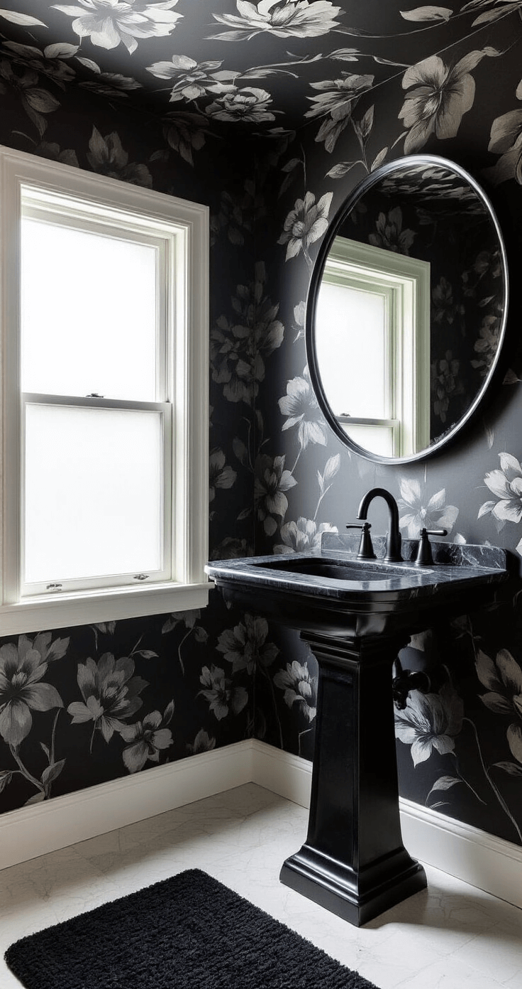 Black Bathroom Decor: Transform Your Space with Bold Sophistication Intimate powder room featuring dramatic black floral wallpaper, a matte black pedestal sink with black marble, and an oversized round mirror, captured in morning light filtering through a frosted window.