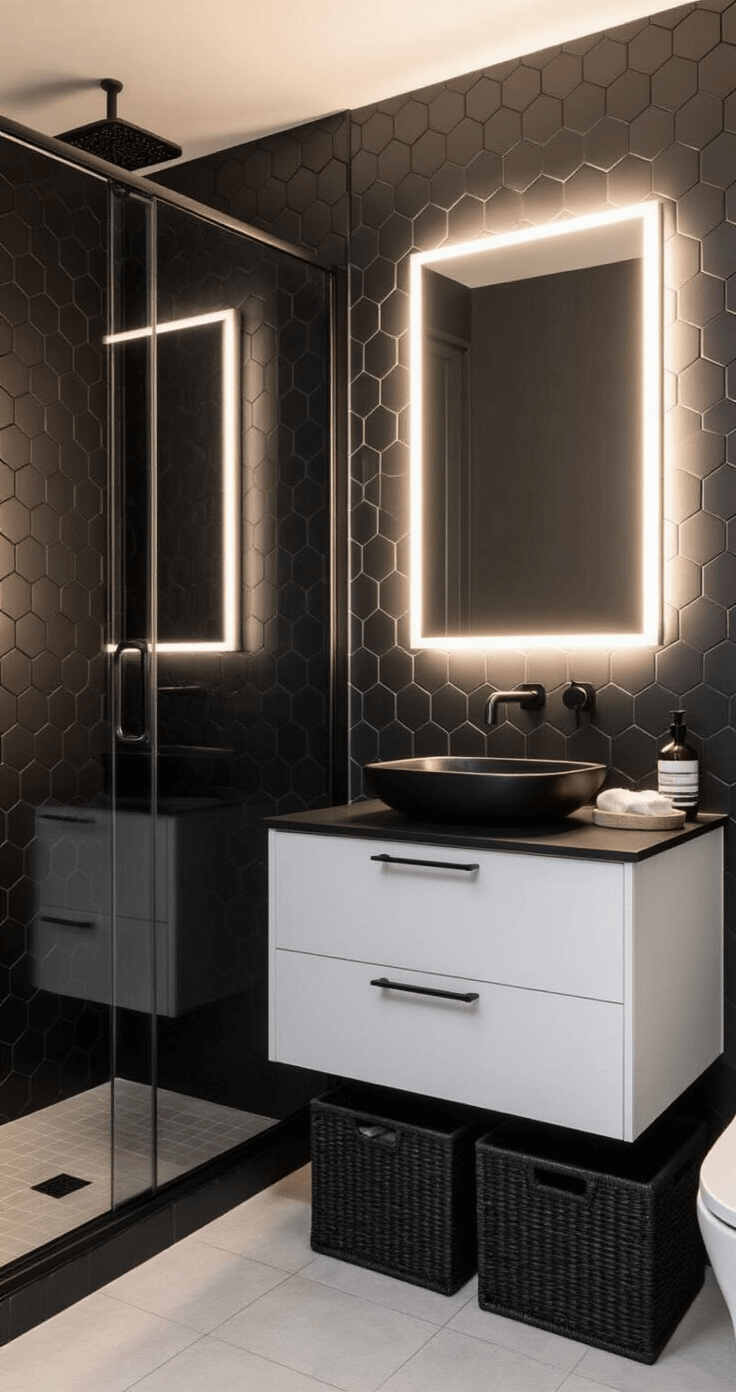 Black Bathroom Decor: Transform Your Space with Bold Sophistication Contemporary bathroom featuring floor-to-ceiling black hexagon tiles on the shower wall, a glass enclosure, a floating white vanity with a black countertop and vessel sink, a backlit black-framed mirror, matte black fixtures, and black woven storage baskets, captured in moody twilight lighting.