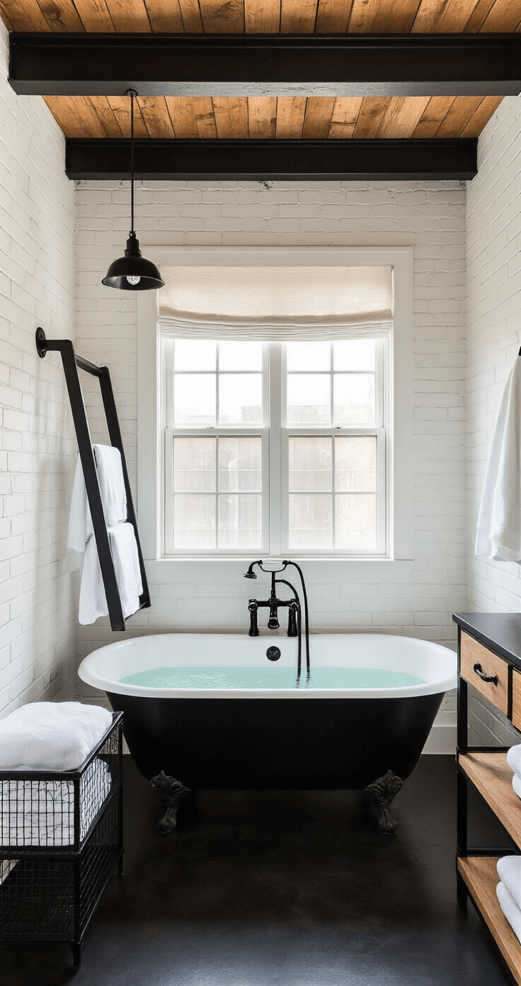 Black Bathroom Decor: Transform Your Space with Bold Sophistication A wide shot of an industrial chic bathroom with black steel beams and white-painted brick walls, featuring a black clawfoot tub with vintage fixtures, a black ladder towel rack with white linens, a black wire mesh storage unit with wood shelves, and high-gloss black concrete floors illuminated by afternoon light filtering through sheer window coverings, casting soft shadows.