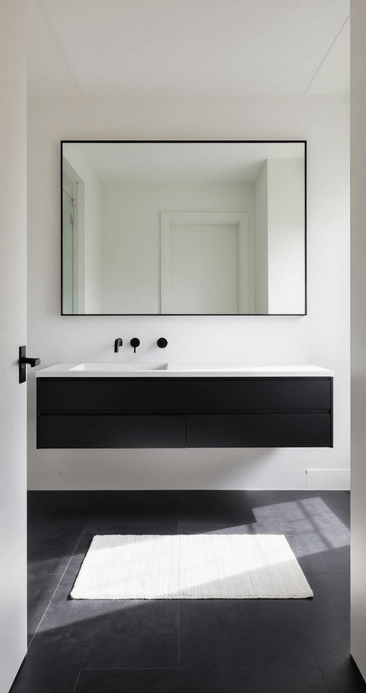 Black Bathroom Decor: Transform Your Space with Bold Sophistication A minimalist bathroom featuring a floating black vanity with an integrated sink, a slim black-framed mirror extending to the ceiling, and a floor-mounted black tub filler, all set against white walls and large-format black porcelain floor tiles, illuminated by bright morning light.