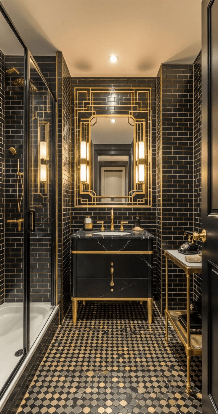 Black Bathroom Decor: Transform Your Space with Bold Sophistication Art deco-inspired bathroom featuring black penny tiles with gold grout, a black marble vanity with gold accents, a geometric mirror, and vintage accessories, captured at dusk with warm lighting.
